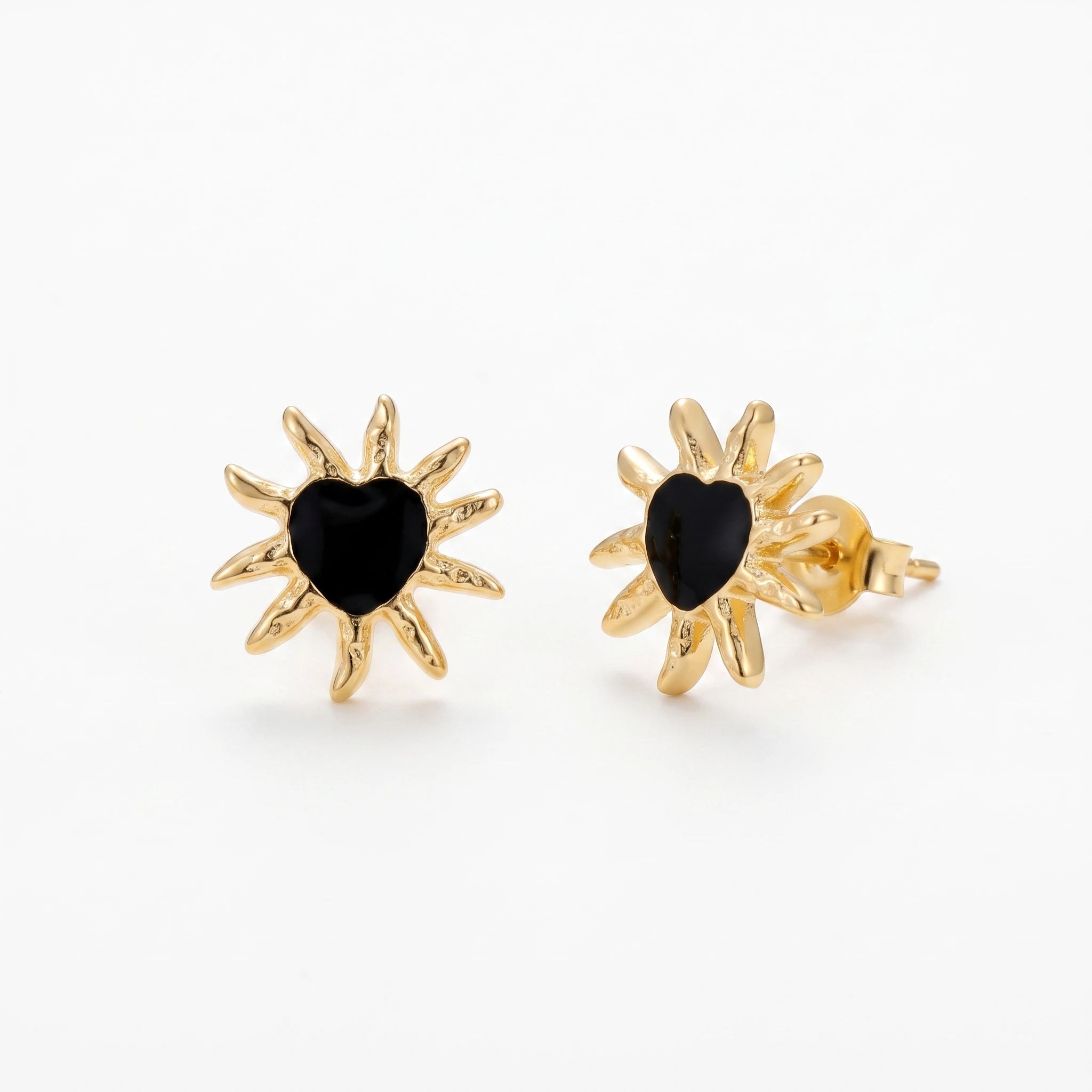 QIAOREN 14035 Matte Gold Sunburst Heart Stud Earrings, Irregular Spike Sun Shape With Black Enamel Heart Center