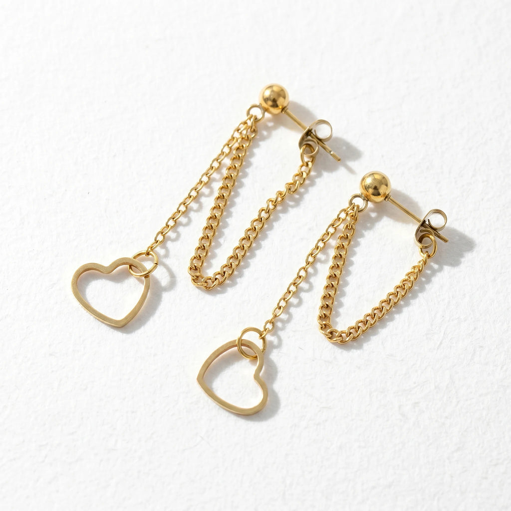 QIAOREN 11190 Minimalist Heart Stud Earrings with Chain Detail Gold Stainless Steel Fashion Earrings for Women