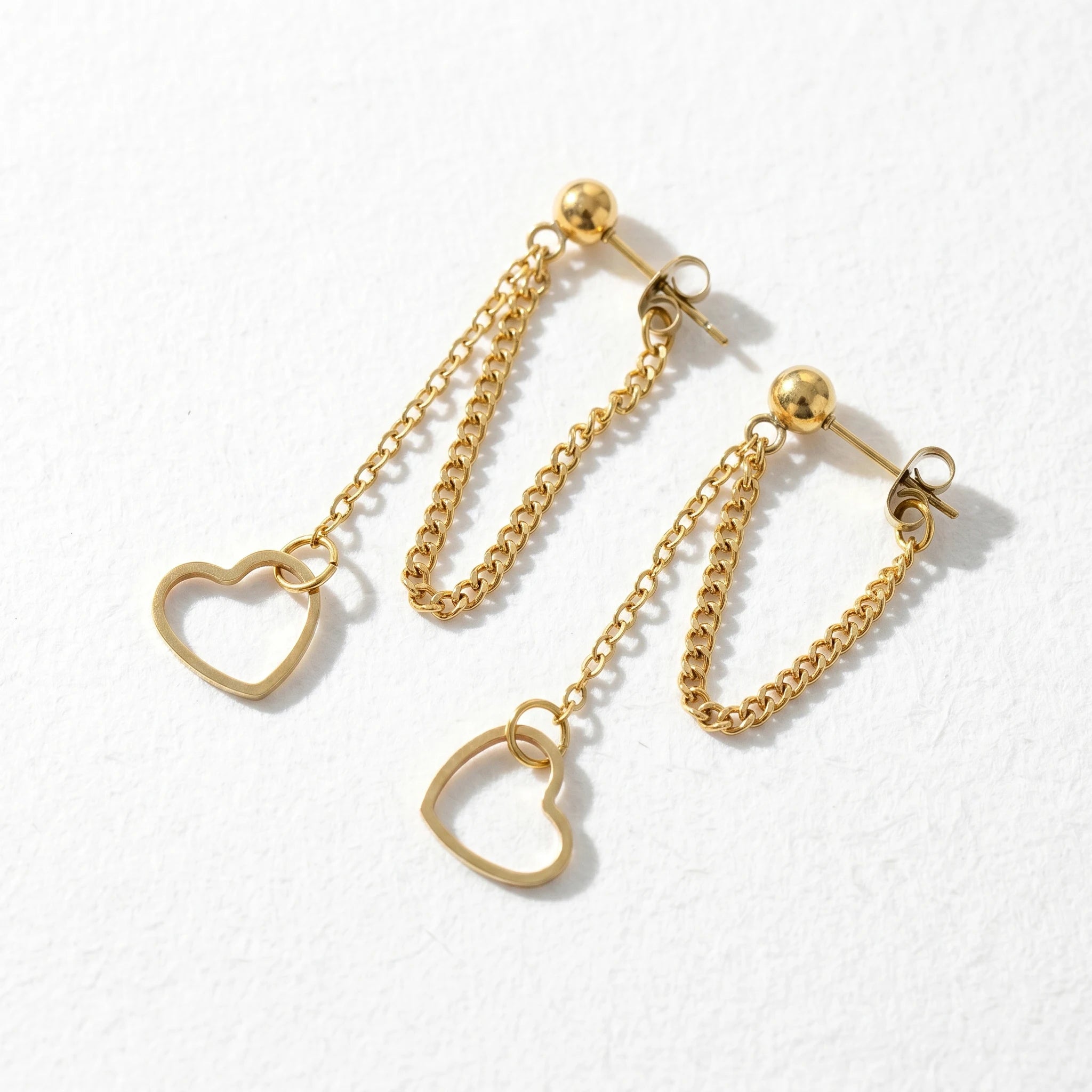 QIAOREN 11190 Minimalist Heart Stud Earrings with Chain Detail Gold Stainless Steel Fashion Earrings for Women