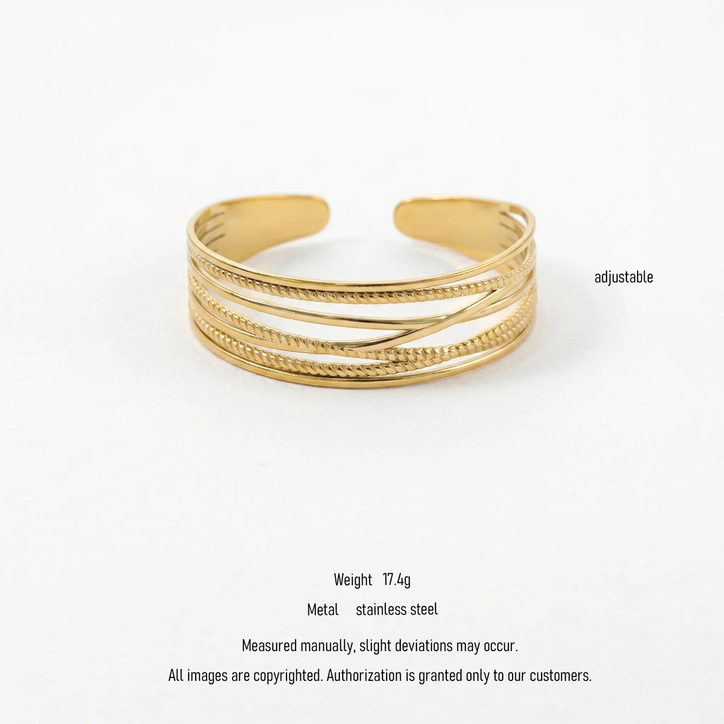 QIAOREN 10993 Luxury Layered Gold Cuff Bracelet Stainless Steel Adjustable Open Bangle for Women Beach Vacation Jewelry