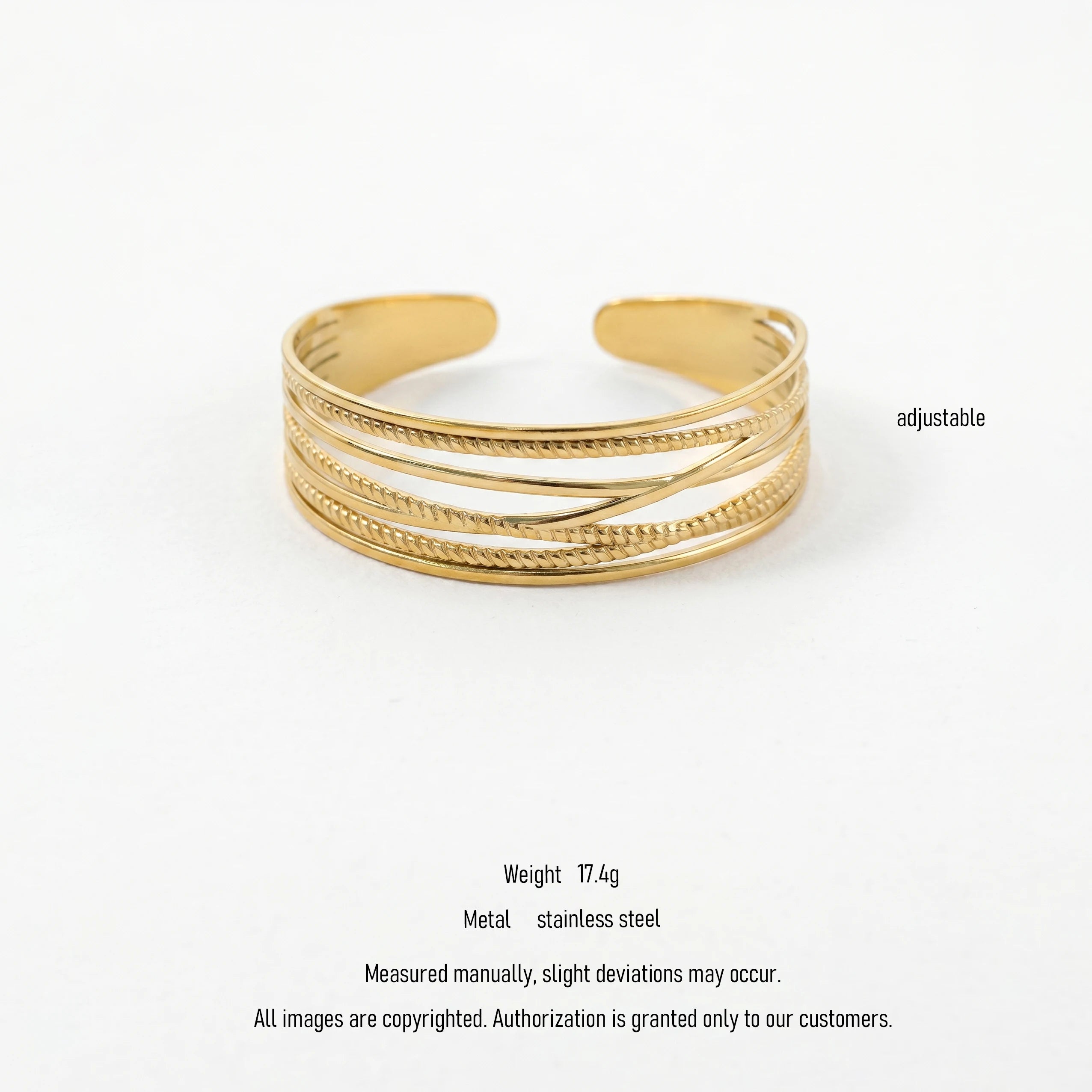 QIAOREN 10993 Luxury Layered Gold Cuff Bracelet Stainless Steel Adjustable Open Bangle for Women Beach Vacation Jewelry