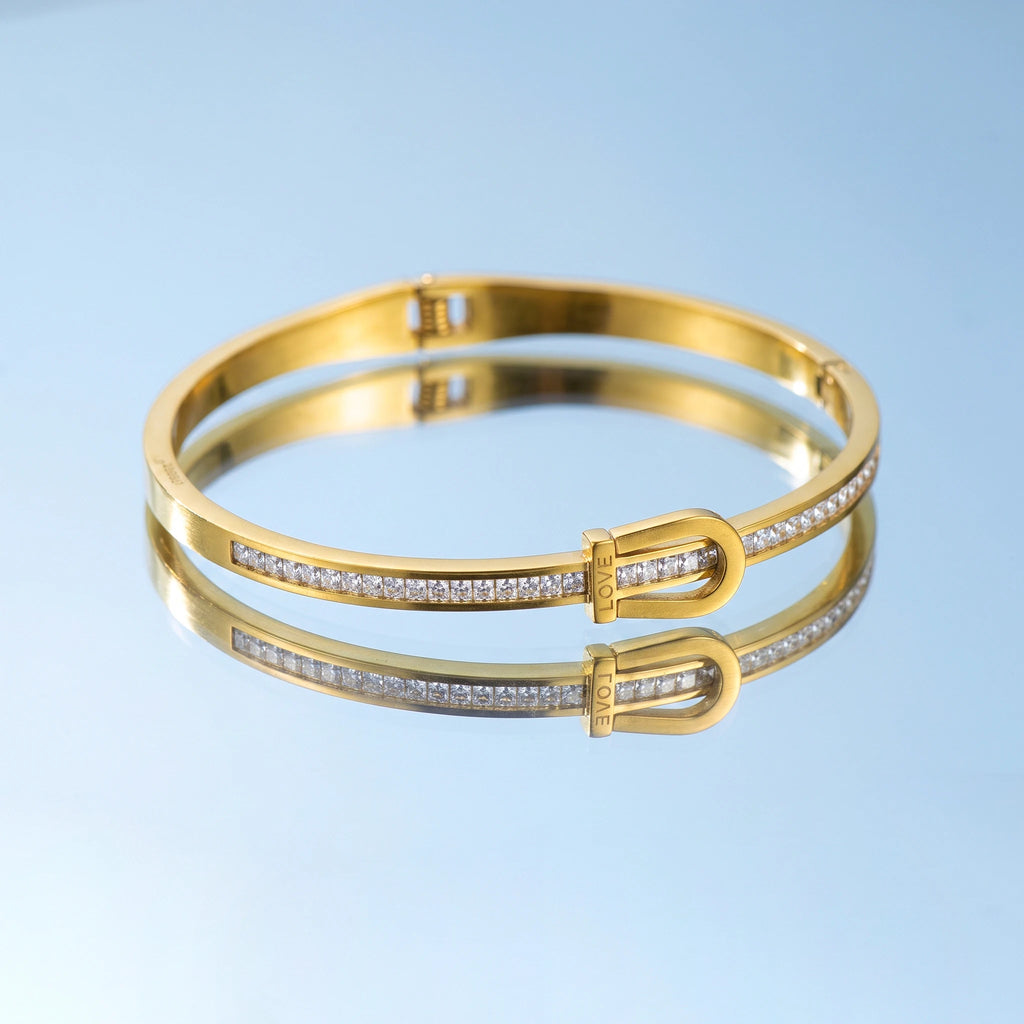 QIAOREN 13661 Polished Buckle Inlaid Clear Zircon Bangle Bracelet with Engraved LOVE Letter, Thin Gold Open Cuff Wrist Jewelry
