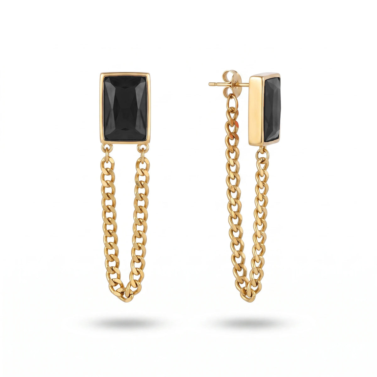 QIAOREN 13447-54 Gold Tone Rectangle Multiple Colors Crystal Double Chain Drop Stud Earrings Retro Punk Tassel Dangle Earring