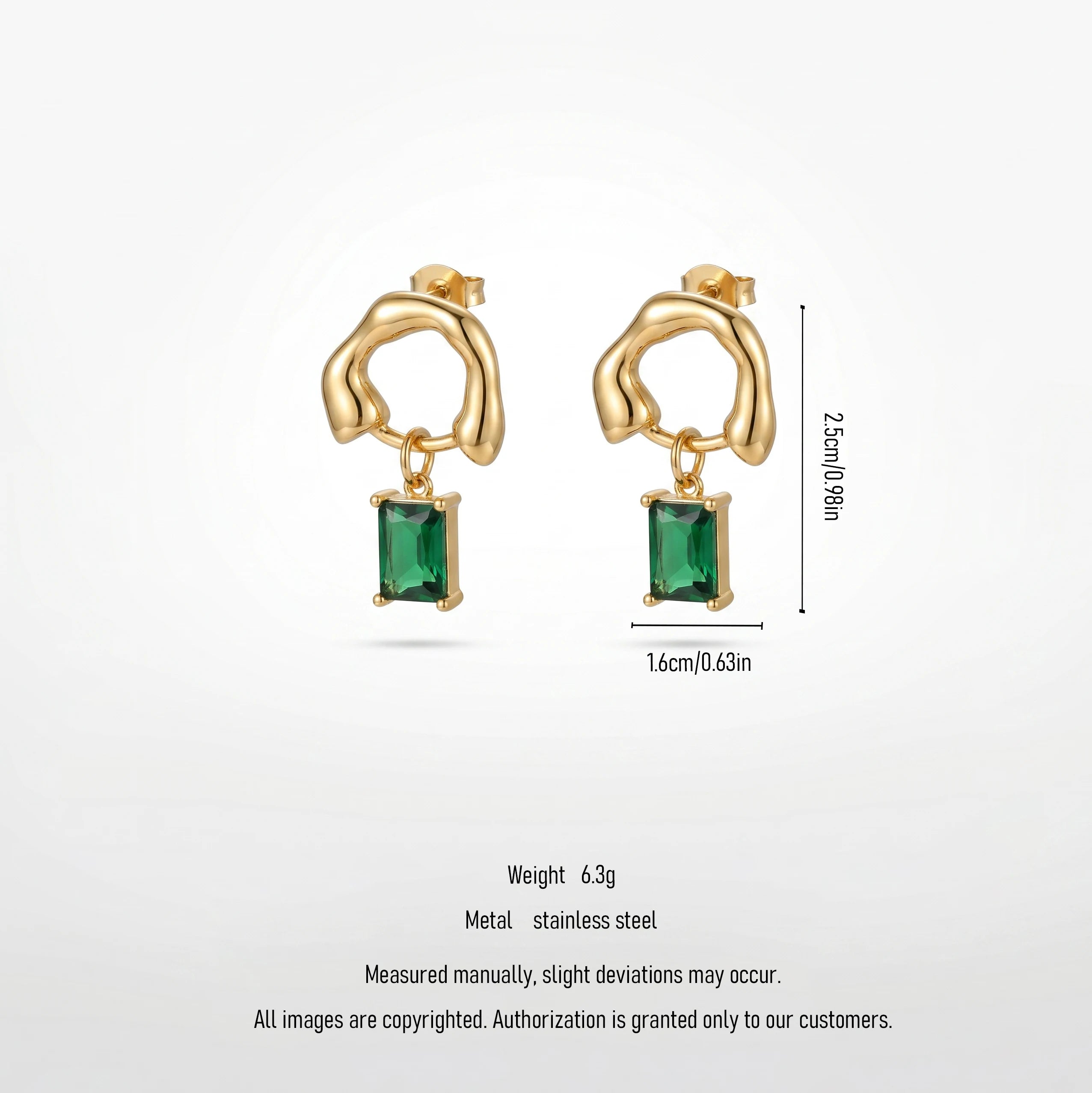 QIAOREN 12429 Organic Geometric Emerald Green Zircon Rectangle Pendant Gold Stainless Steel Statement Earrings