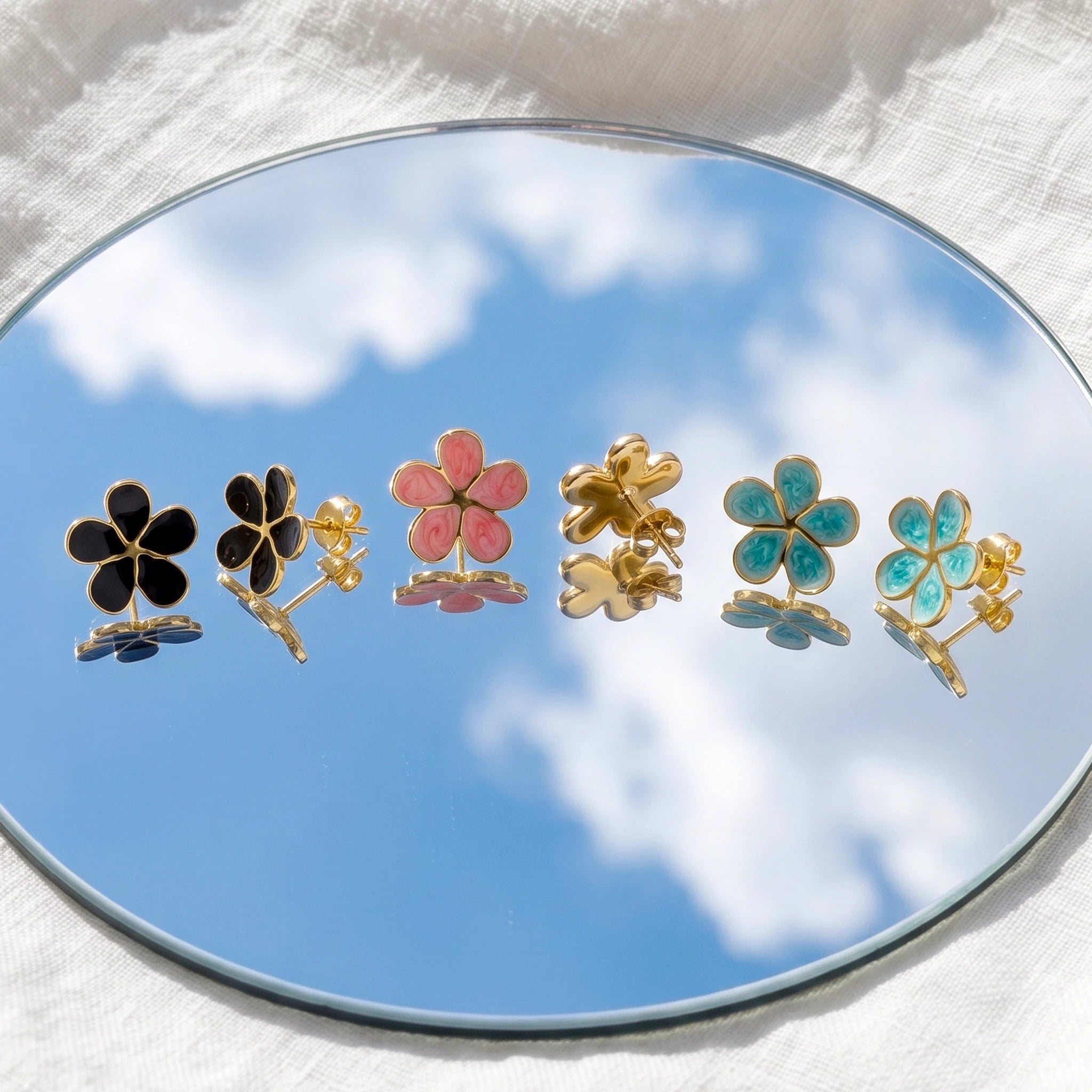 QIAOREN 13639-41 Colorful Enamel Flower Stud Earrings, Tiny Floral Piercing Jewelry Gift for Women