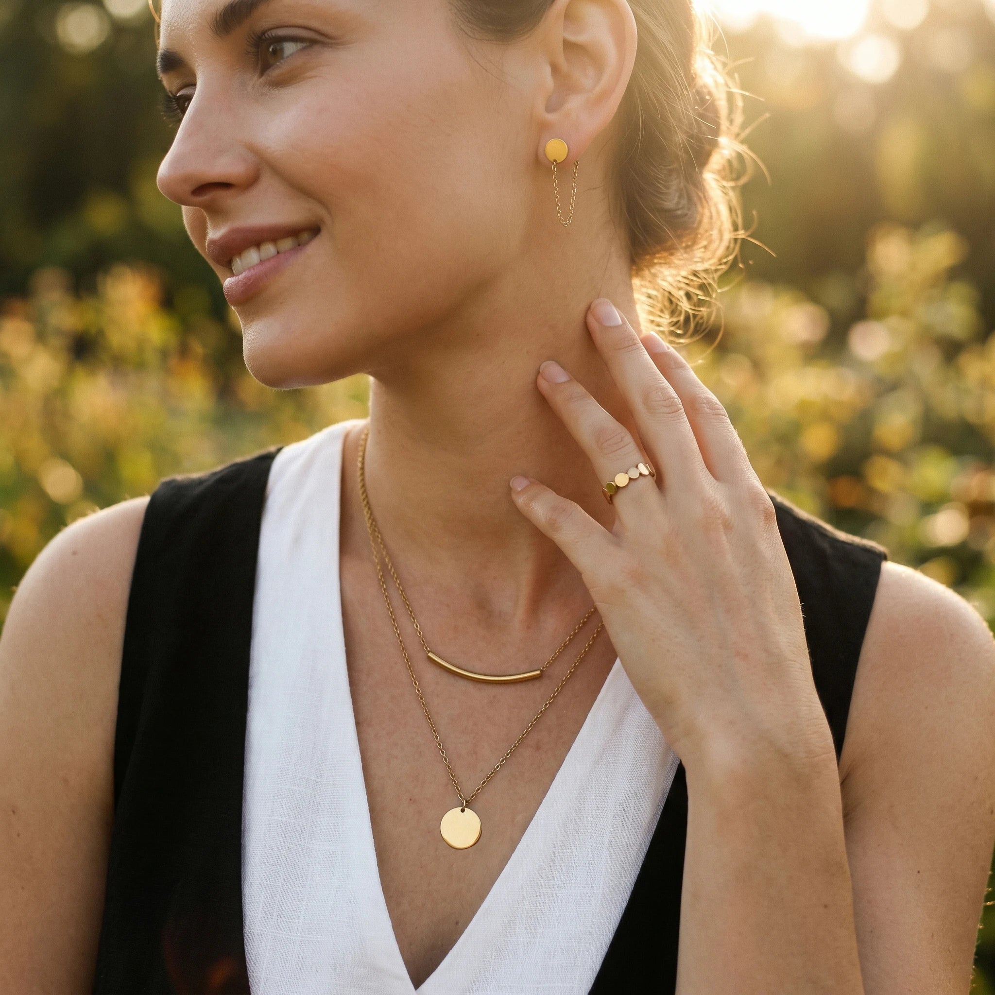 QIAOREN 11593 Waterproof 18K Gold Plated Stainless Steel Jewelry Set Layered Necklace Earrings Ring Everyday Wear