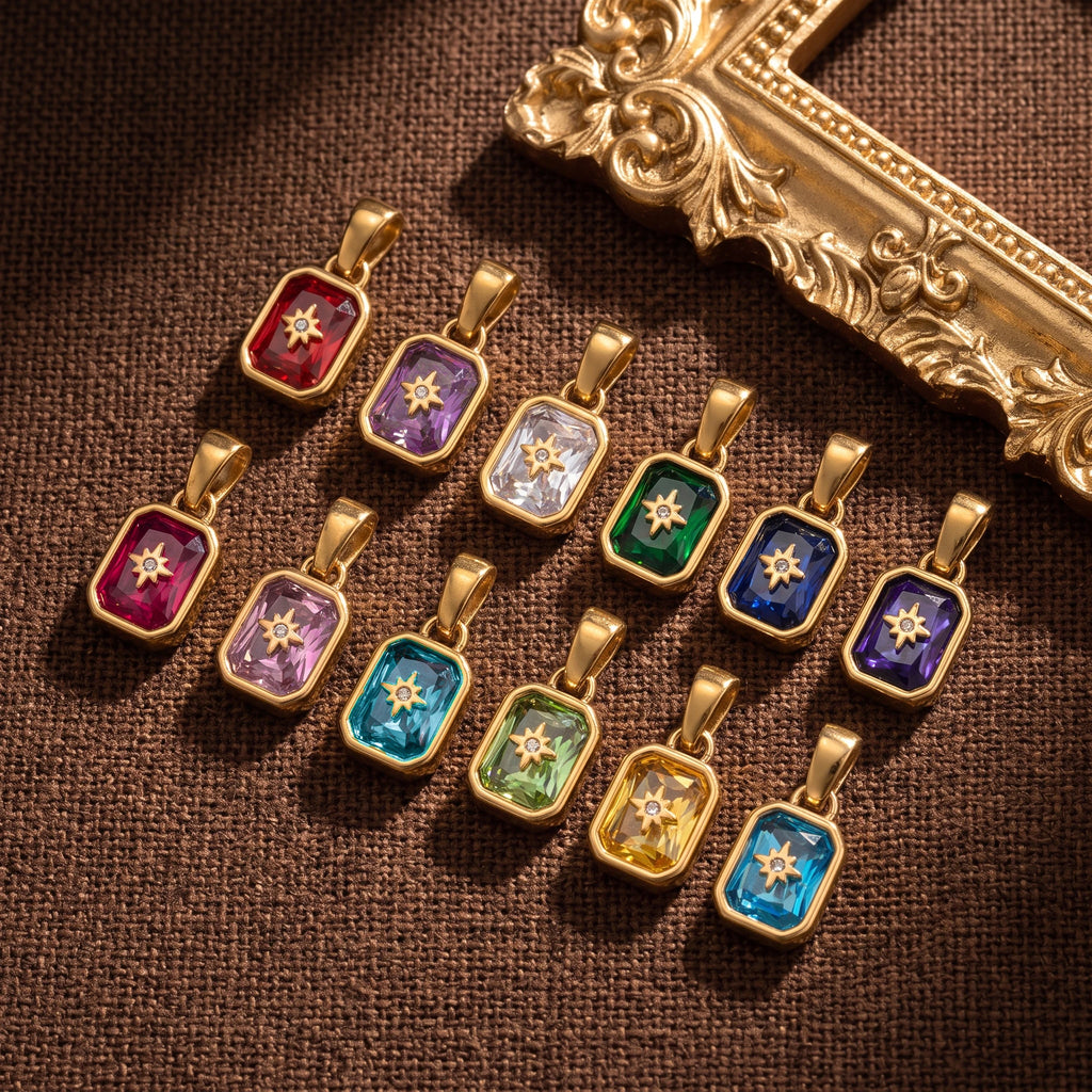 QIAOREN 13882-93 Polished Gold Vintage Birthstone Rectangle Charm for Necklace Making DIY Jewelry Gift