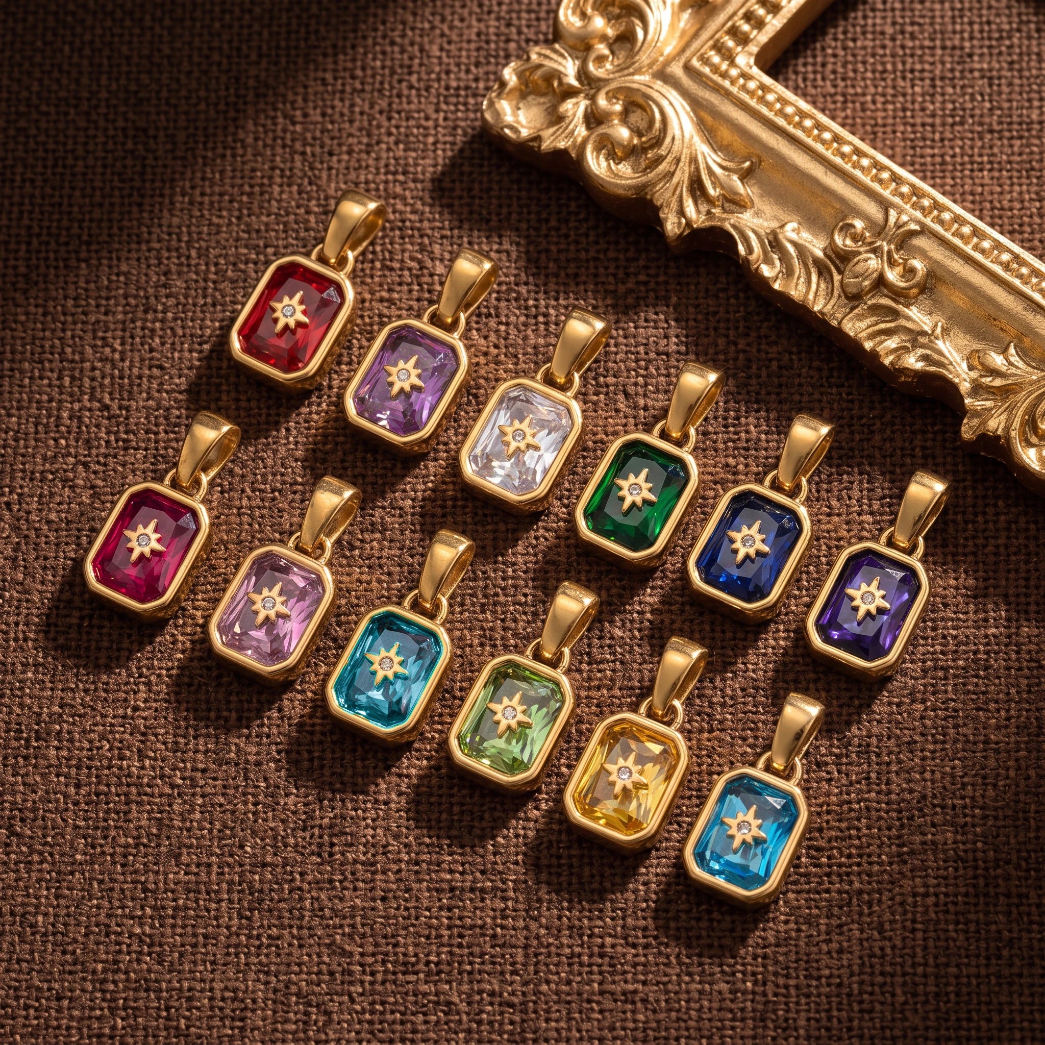 QIAOREN 13882-93 Polished Gold Vintage Birthstone Rectangle Charm for Necklace Making DIY Jewelry Gift
