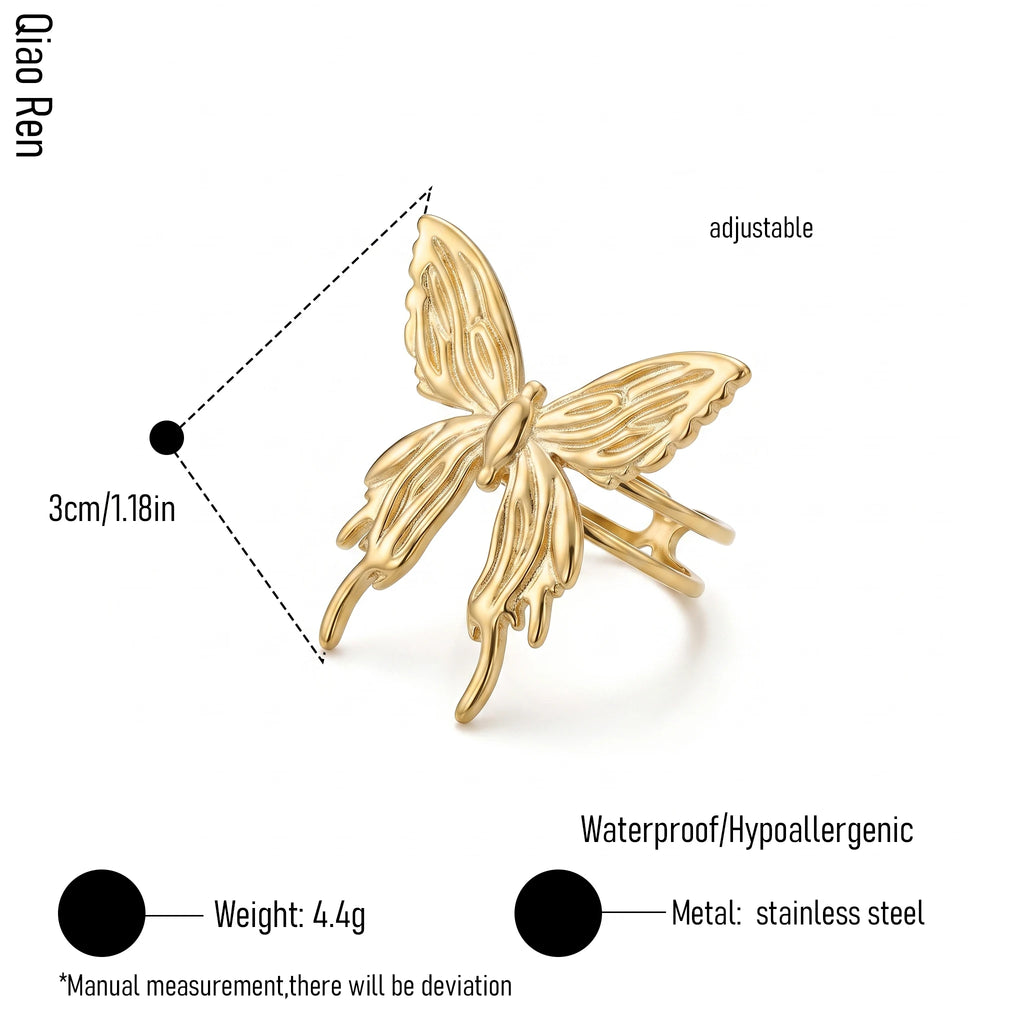 QIAOREN 14294-303 Ocean Inspired Animal Butterfly Open Cuff Ring Set, Adjustable Stackable Gold Tone Statement Rings