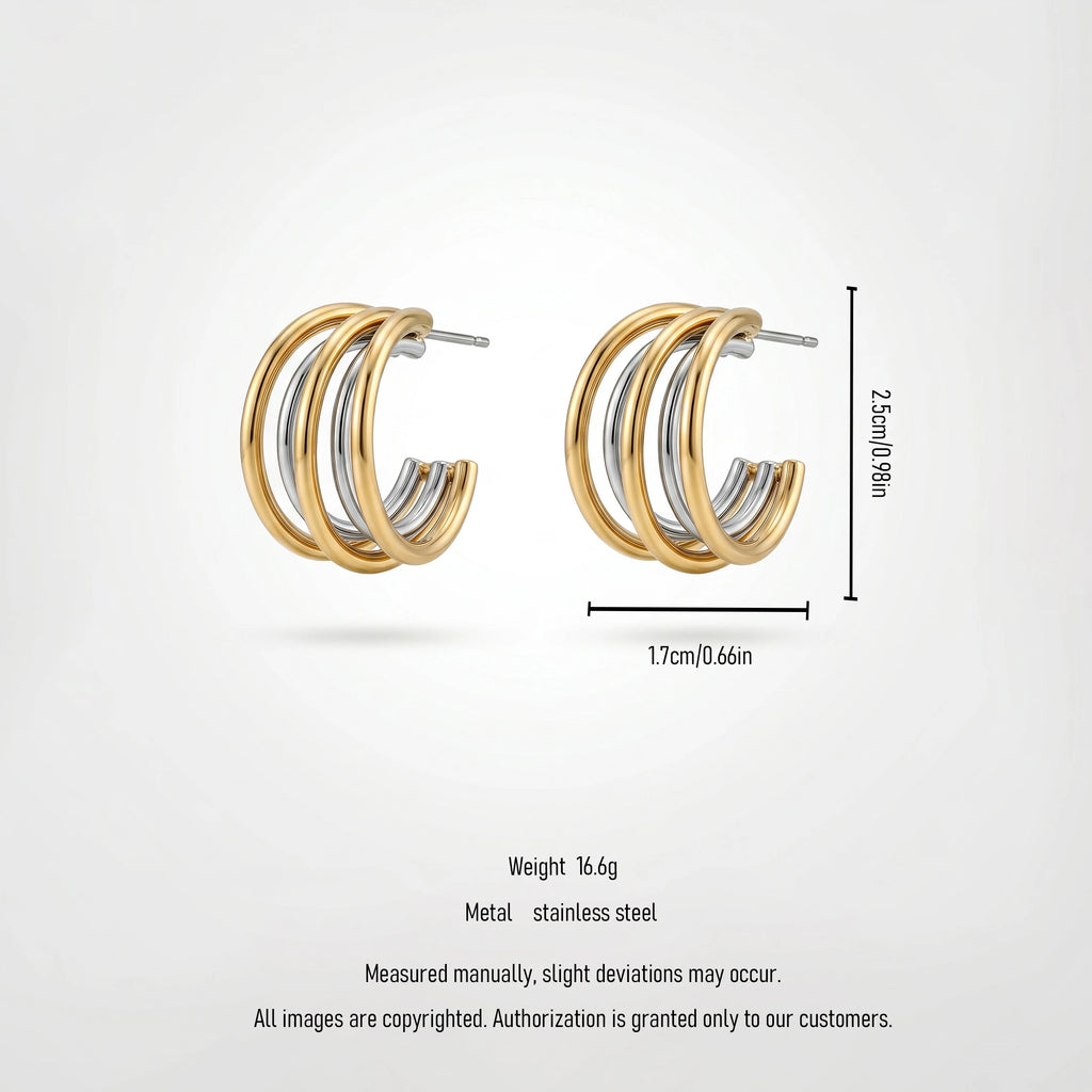 QIAOREN 12760 Waterproof Bi-Color Multi Strand Open C Earrings Stainless Steel Mixed Metal Layered Hoop Daily Ladies Accessory