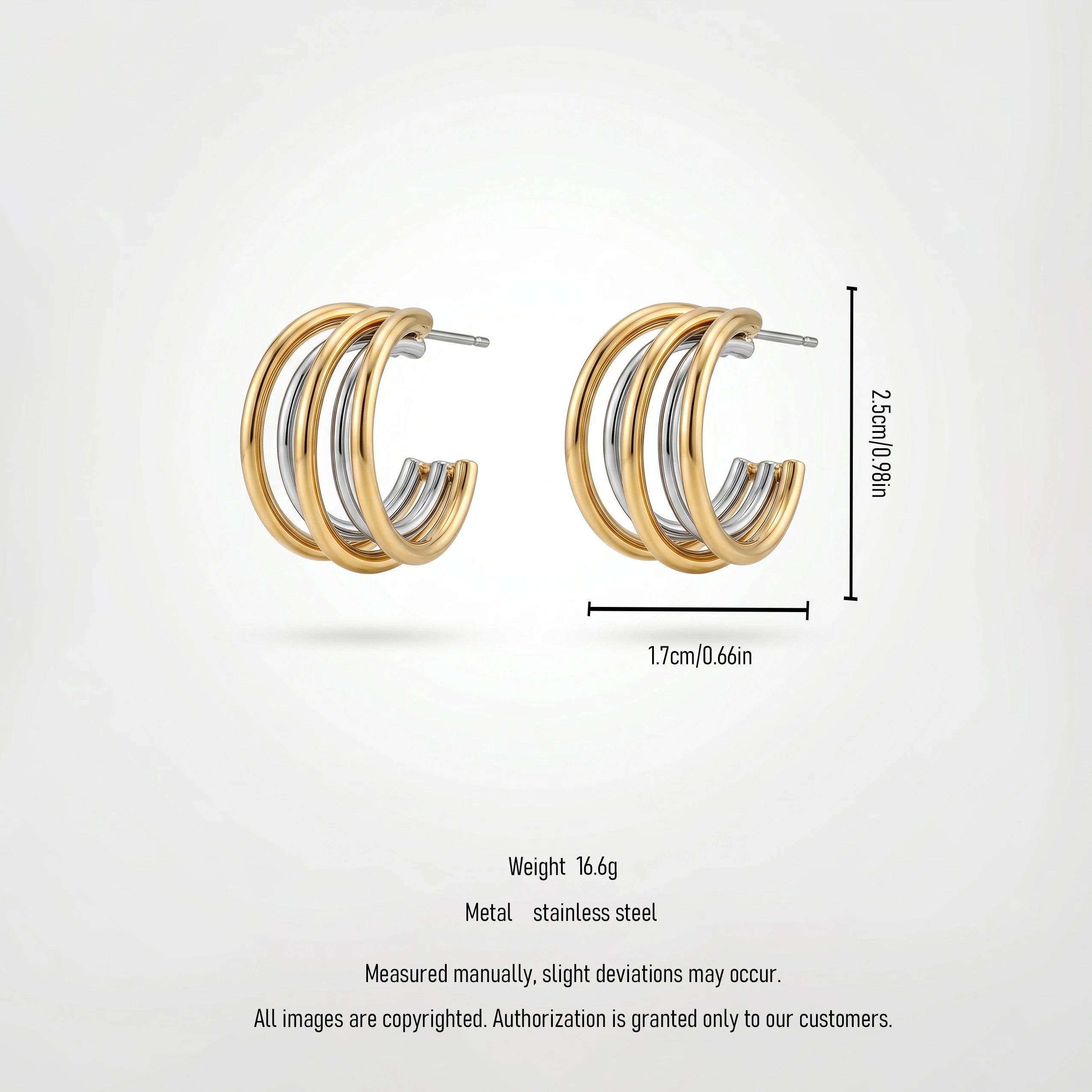 QIAOREN 12760 Waterproof Bi-Color Multi Strand Open C Earrings Stainless Steel Mixed Metal Layered Hoop Daily Ladies Accessory