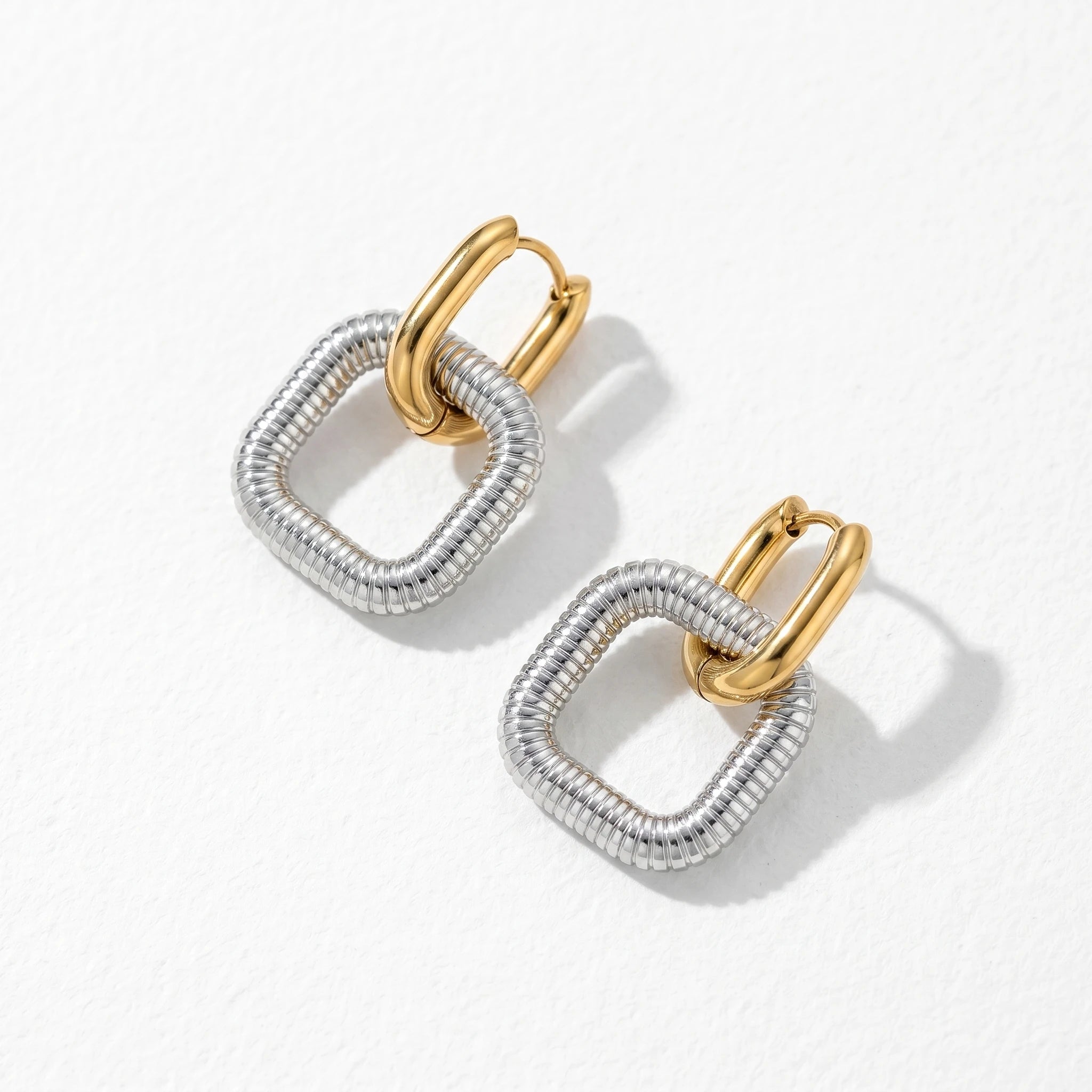 QIAOREN 12758 Waterproof Bi-Color Coiled Square Dangle Earrings Stainless Steel Gold Hoop Silver Textured Drop Ear Accessory