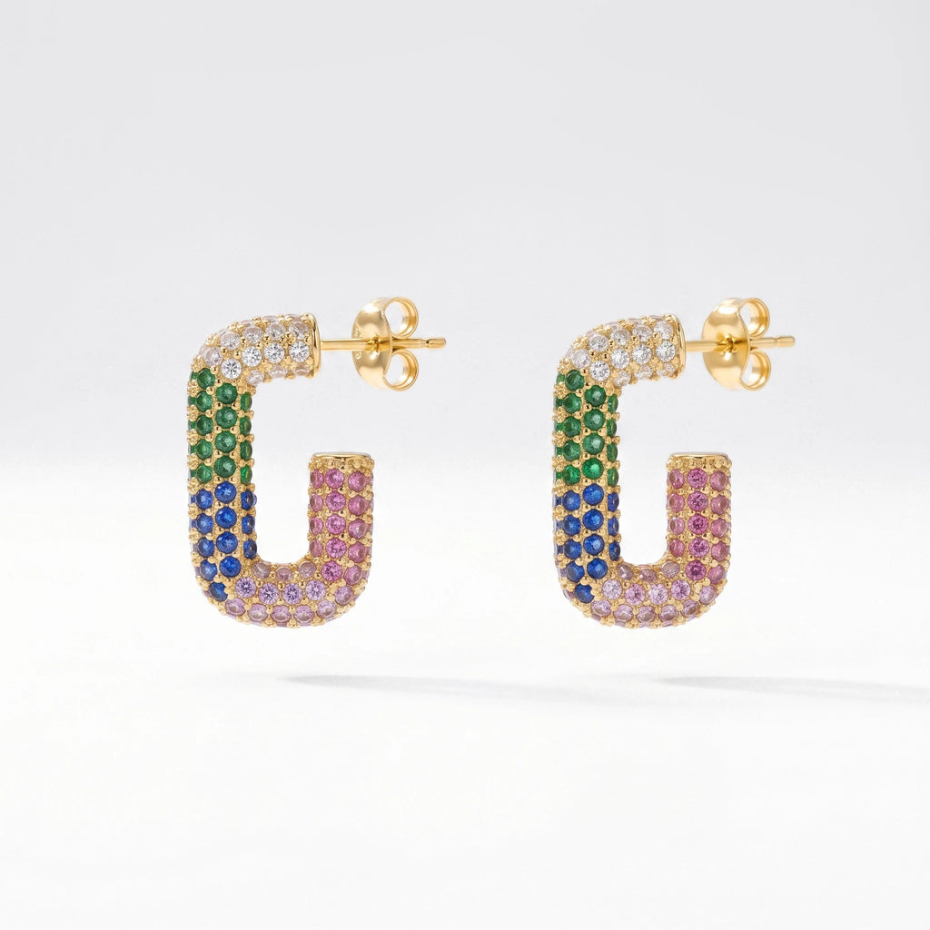 QIAOREN 12426 Elegant Quiet Luxury Colorful Crystal U Shaped Hoops Gold Stainless Steel Rainbow Micro-Pave Statement Earrings