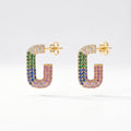 QIAOREN 12426 Elegant Quiet Luxury Colorful Crystal U Shaped Hoops Gold Stainless Steel Rainbow Micro-Pave Statement Earrings
