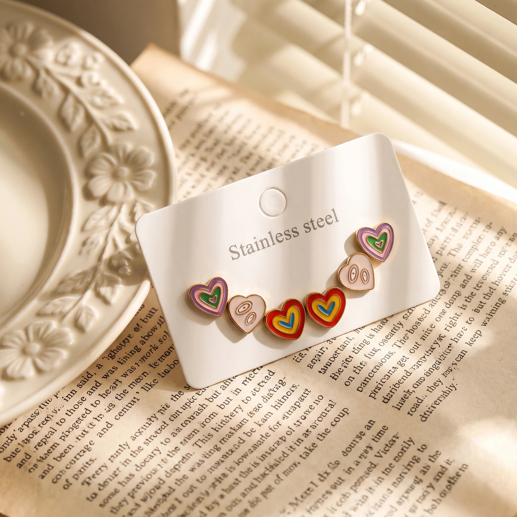 QIAOREN 14514 Waterproof Stainless Steel Heart Stud Earrings Colorful Enamel Heart Earrings Hypoallergenic Jewelry for Women