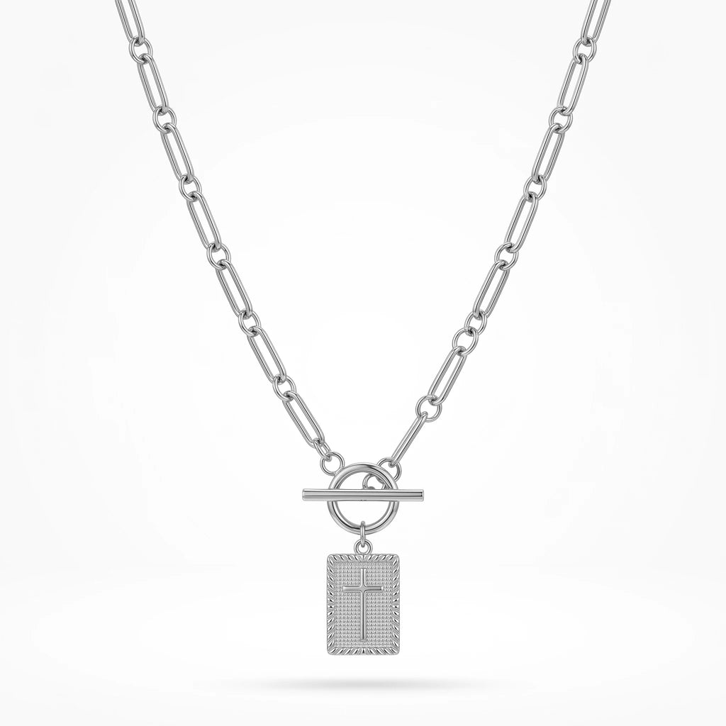 QIAOREN 11819 Waterproof Toggle Clasp Cross Pendant Necklace 18K Stainless Steel Paperclip Chain Durable All-Day Wear Jewelry