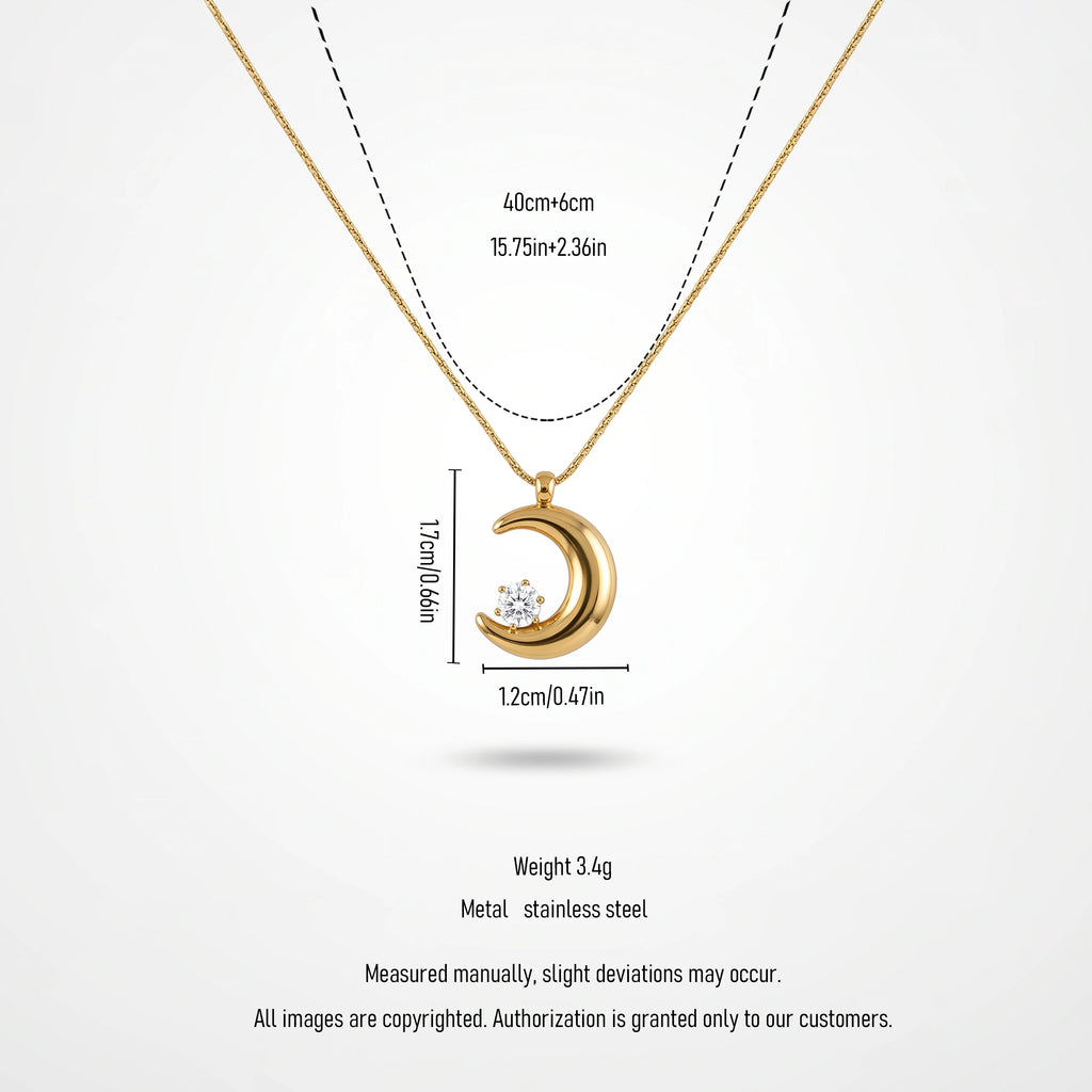 QIAOREN 13726 Thin Snake Chain Pendant Necklace with Smooth Curved Crescent Moon Charm Inlaid Single Round Clear Zircon