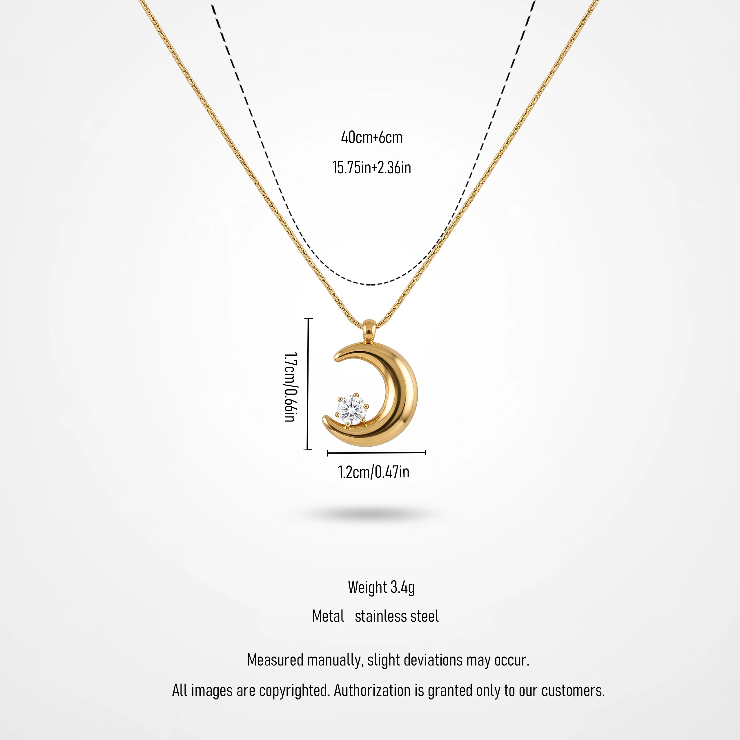 QIAOREN 13726 Thin Snake Chain Pendant Necklace with Smooth Curved Crescent Moon Charm Inlaid Single Round Clear Zircon