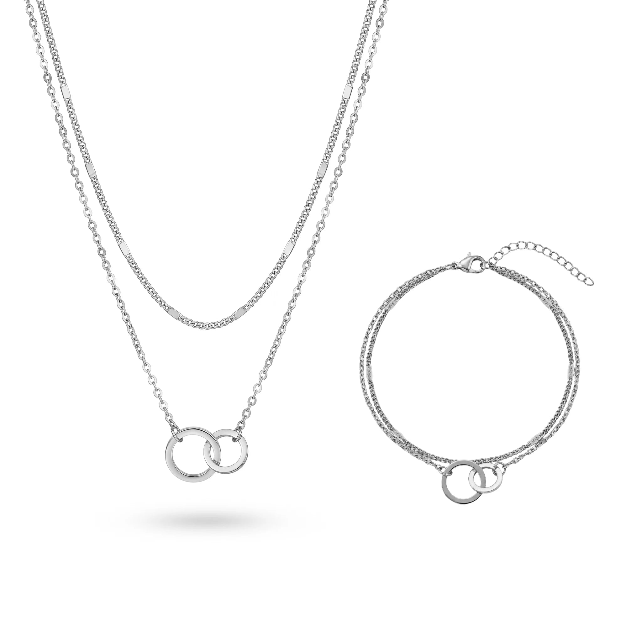 QIAOREN 11643 Tarnish Free 18K Gold Stainless Steel Interlocking Circles Jewelry Set Layered Necklace Double Chain Bracelet