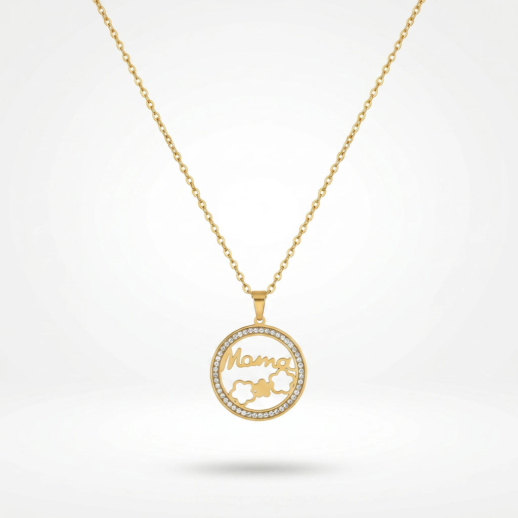 QIAOREN 12235 Trendy CZ Pave Mama Necklace Gold Stainless Steel Circle Mother's Day Gift Flower Pendant Jewelry for Women US EU
