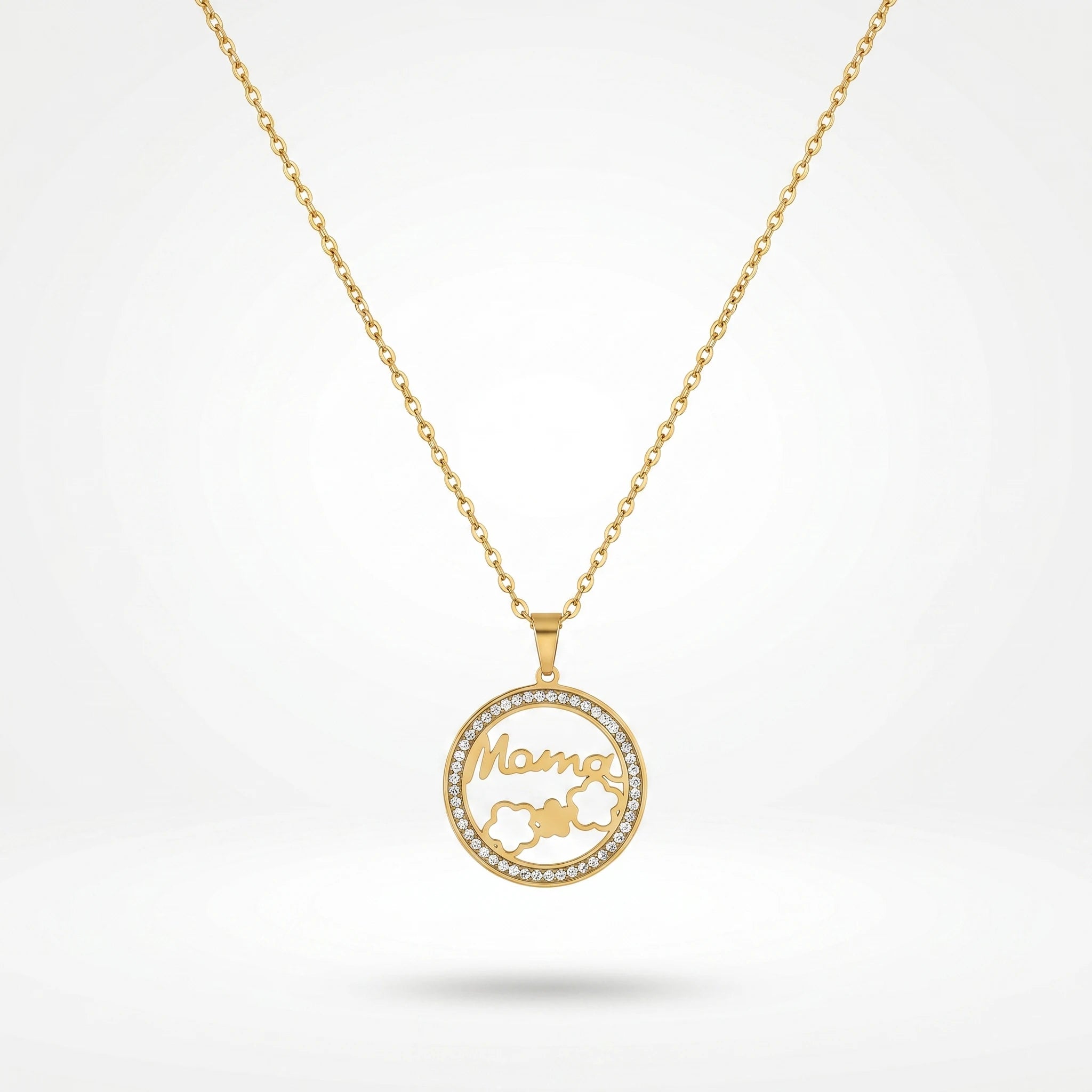 QIAOREN 12235 Trendy CZ Pave Mama Necklace Gold Stainless Steel Circle Mother's Day Gift Flower Pendant Jewelry for Women US EU