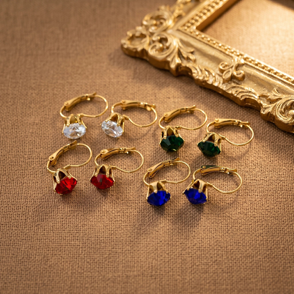 QIAOREN 12217-20  Waterproof Stainless Steel Gold Plated Round CZ Leverback Earrings Colorful Crystal Hoops for Women