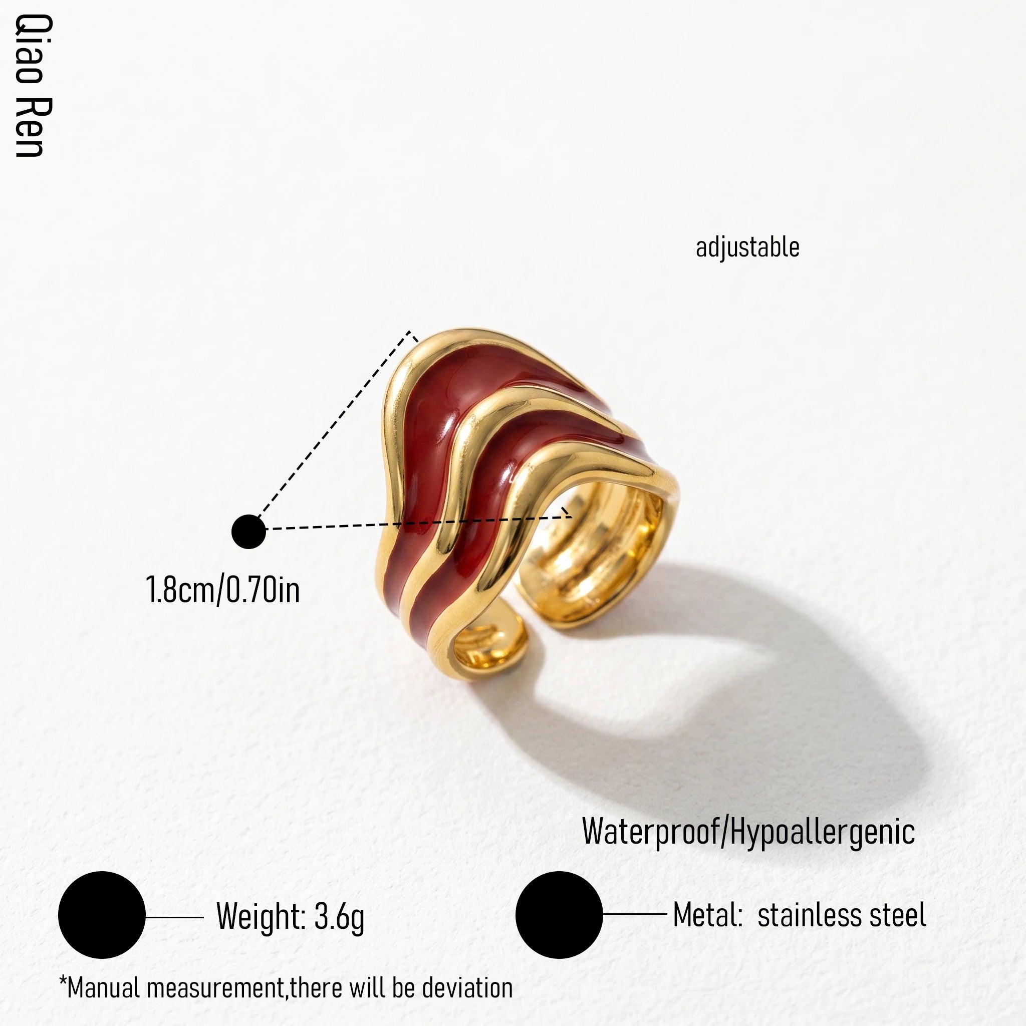 QIAOREN 14221-25 Red Enamel Irregular Wave Open Ring Set, Abstract Curved Adjustable Stackable Ring Jewelry Gift