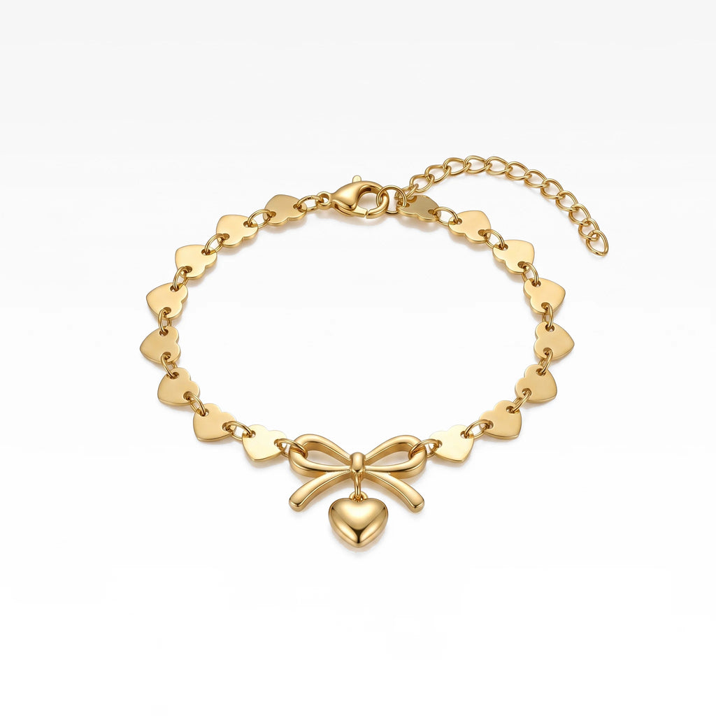 QIAOREN 11426 18K Gold Plated All Heart Chain Bracelet With Bow Knot Charm Stainless Steel Tarnish Free