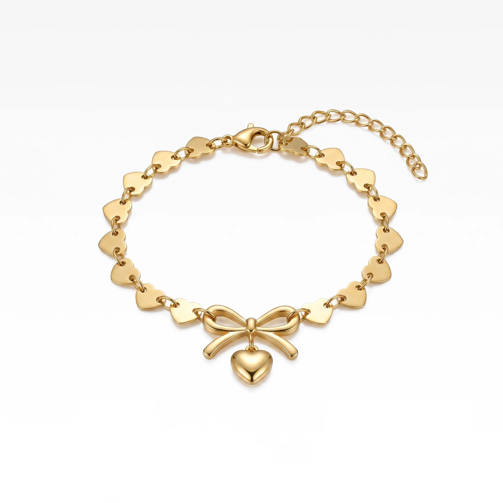QIAOREN 11426 18K Gold Plated All Heart Chain Bracelet With Bow Knot Charm Stainless Steel Tarnish Free