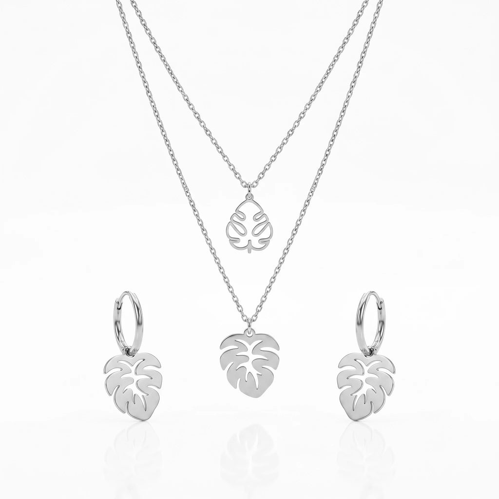 QIAOREN 11894 Waterproof Hollow Monstera Leaf Jewelry Set 18K Gold Stainless Steel 3Pcs Beach-Friendly All-Day Wear Jewelry