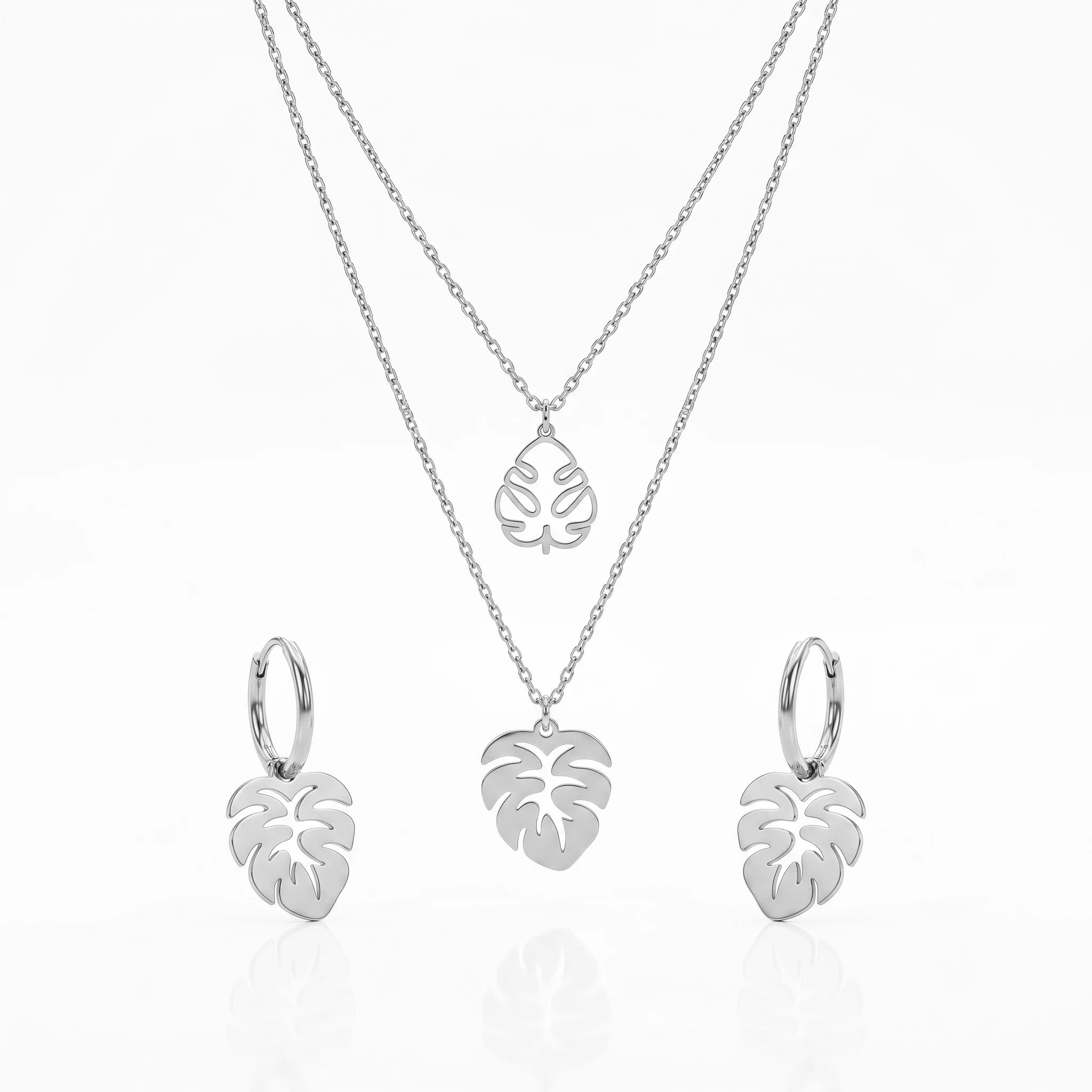 QIAOREN 11894 Waterproof Hollow Monstera Leaf Jewelry Set 18K Gold Stainless Steel 3Pcs Beach-Friendly All-Day Wear Jewelry