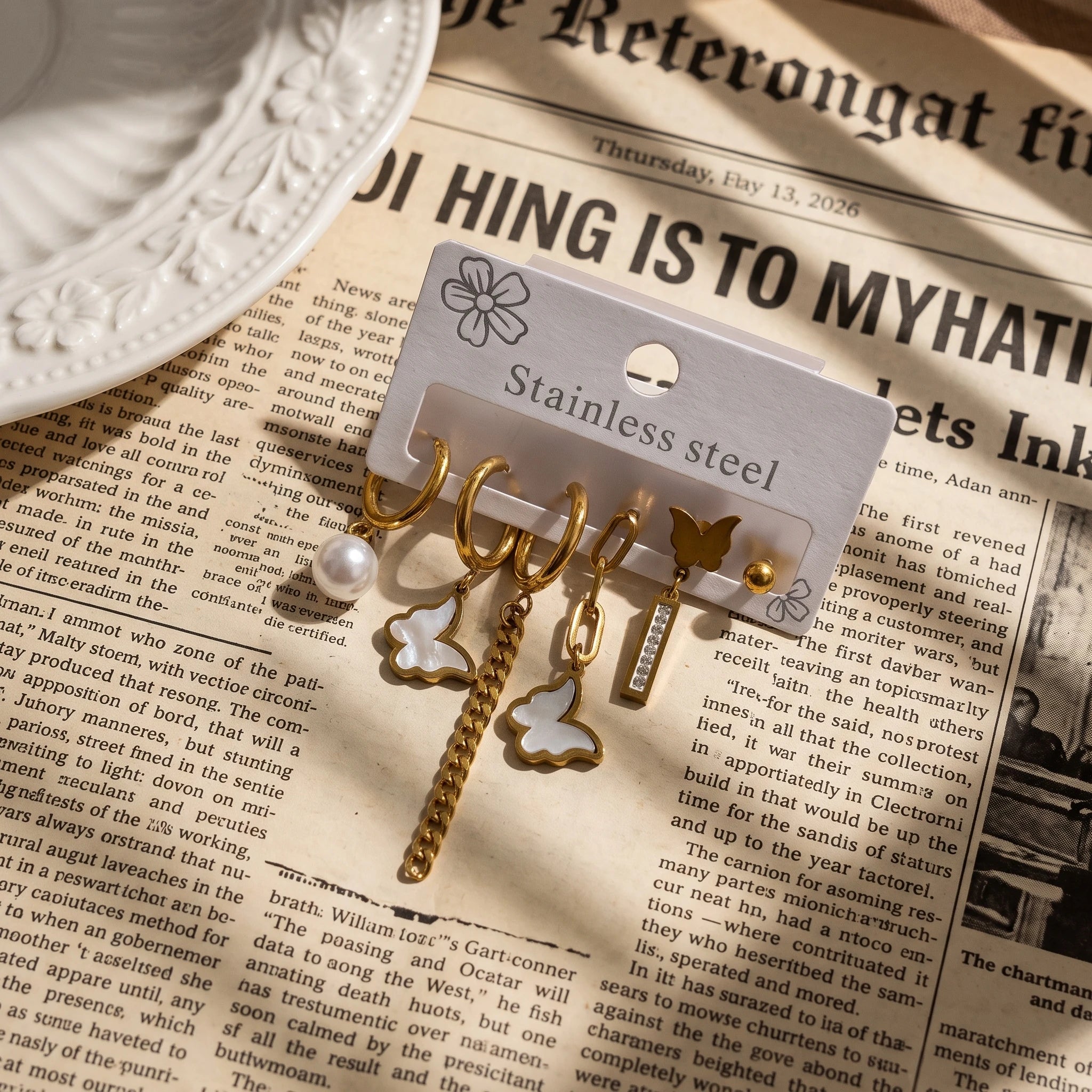 QIAOREN 14480 Stainless Steel Gold Huggie Hoop Earrings Set, Shell Butterfly, Pearl, Chain Tassel & Bar Zircon Dangle Jewelry