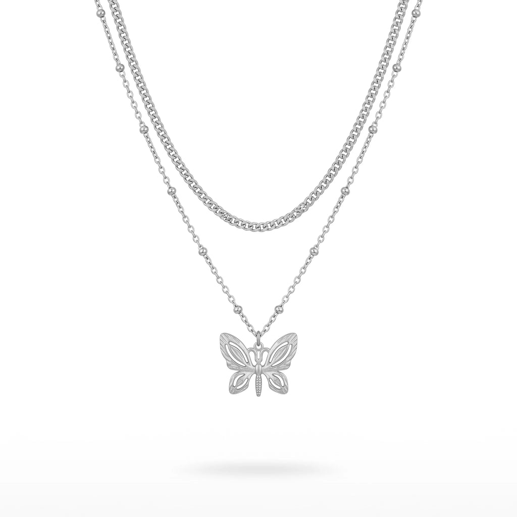 QIAOREN 11638 Waterproof 18K Gold Plated Stainless Steel Trendy Layered Necklace Matte Hollow Butterfly Pendant for Women Gift