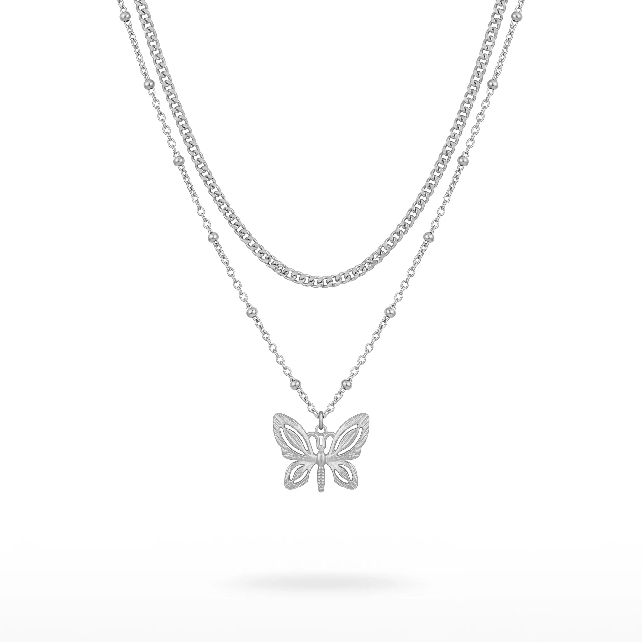 QIAOREN 11638 Waterproof 18K Gold Plated Stainless Steel Trendy Layered Necklace Matte Hollow Butterfly Pendant for Women Gift