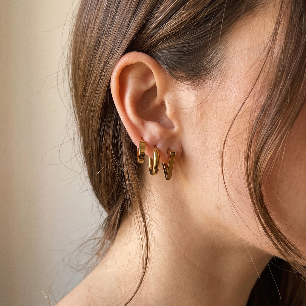 QIAOREN 14456 3 Pair Gold Stainless Steel Earrings Set, Classic Hoop, Chunky Hoop & V Shape Studs Daily Casual Fashion Jewelry