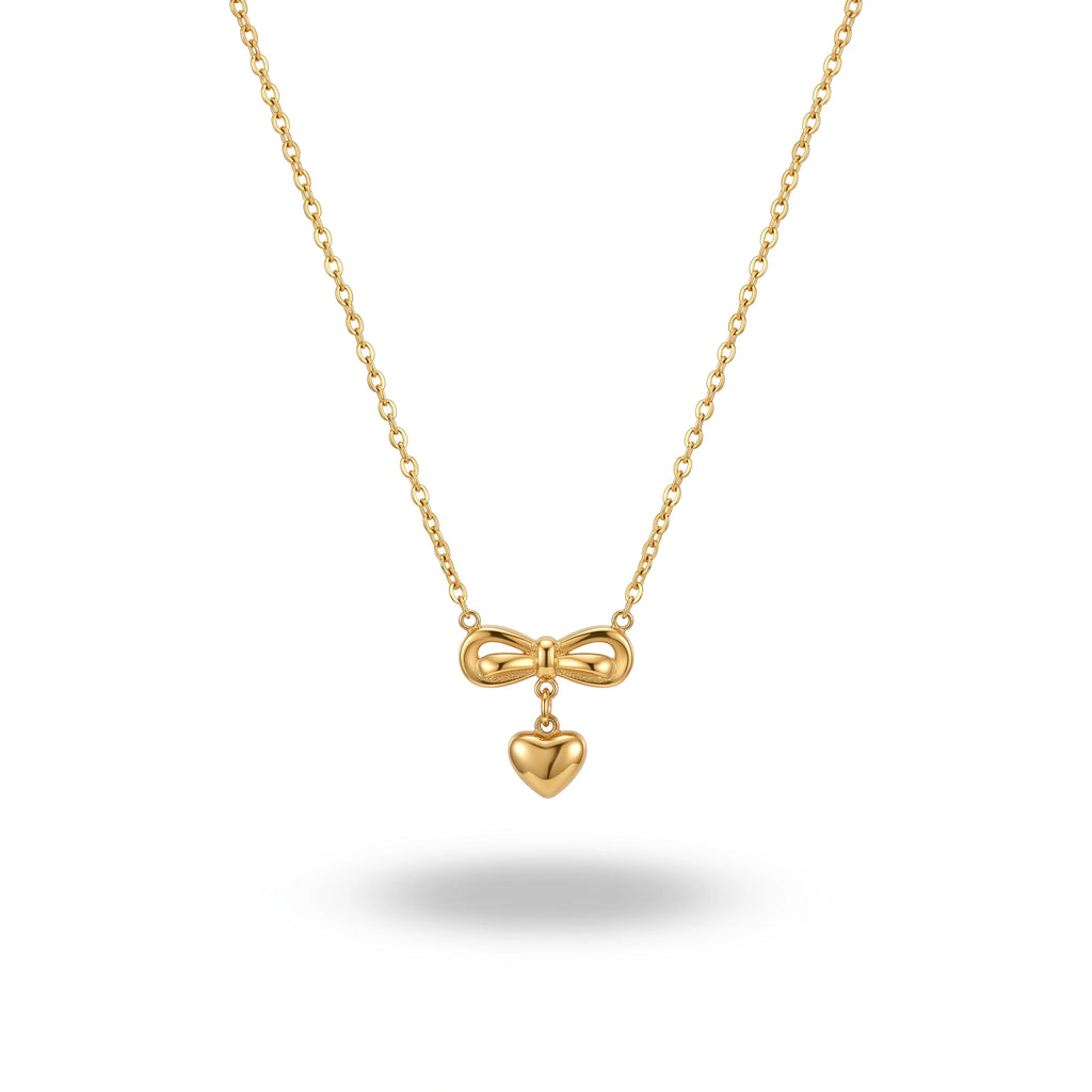 QIAOREN 13499 Coquette Style Bow Drop Heart Pendant Necklace, Dainty Thin Oval Cable Chain Gold Neck Jewelry Gift