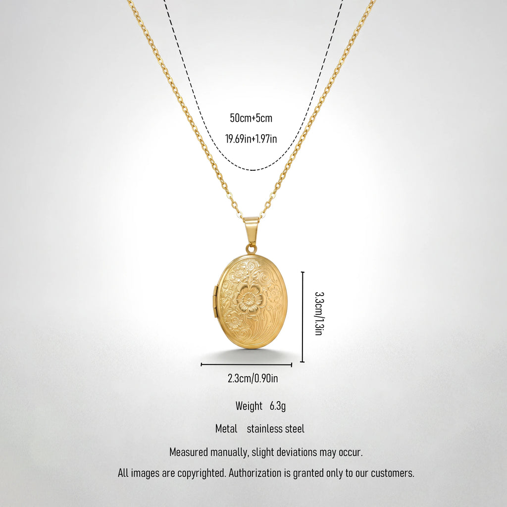 QIANREN 11977 Wholesale 18K Gold Plated Stainless Steel Oval Locket Necklace Vintage Embossed Floral Photo Keepake Pendant