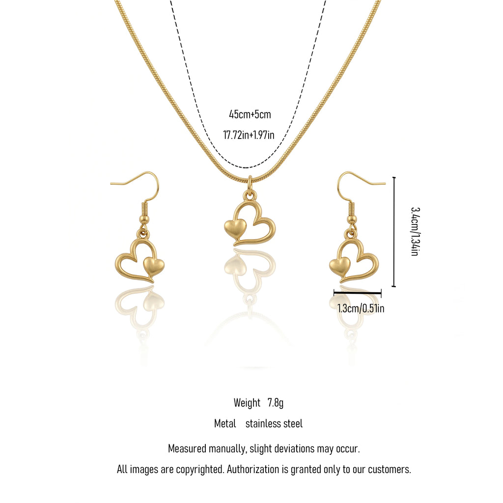 QIAOREN 11573 Minimalist Romantic Double Heart Jewelry Set, 18K Gold Stainless Steel Snake Chain Necklace Dangle Earrings