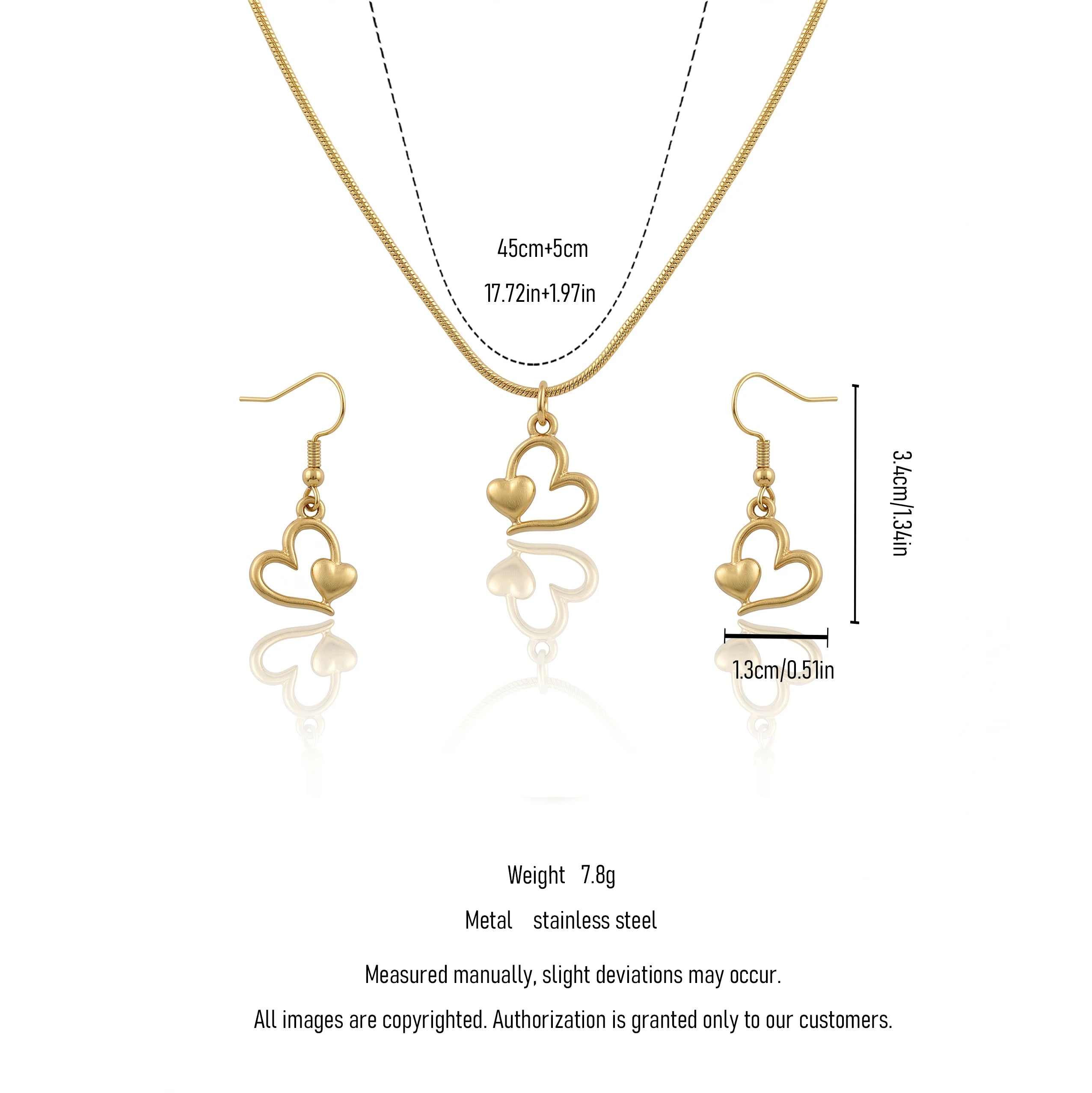 QIAOREN 11573 Minimalist Romantic Double Heart Jewelry Set, 18K Gold Stainless Steel Snake Chain Necklace Dangle Earrings