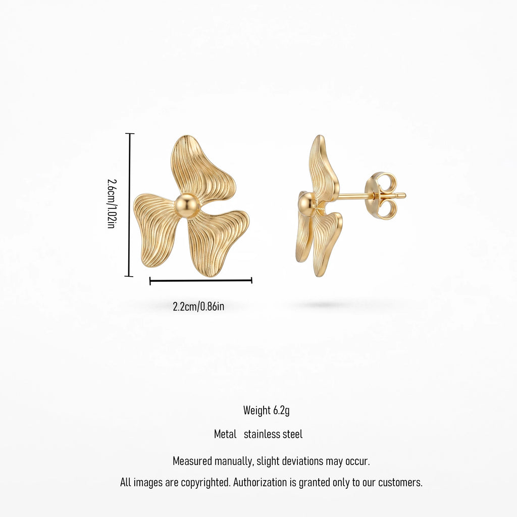 QIAOREN 14015 Matte Gold Three Petal Textured Flower Stud Earrings with Round Ball Center