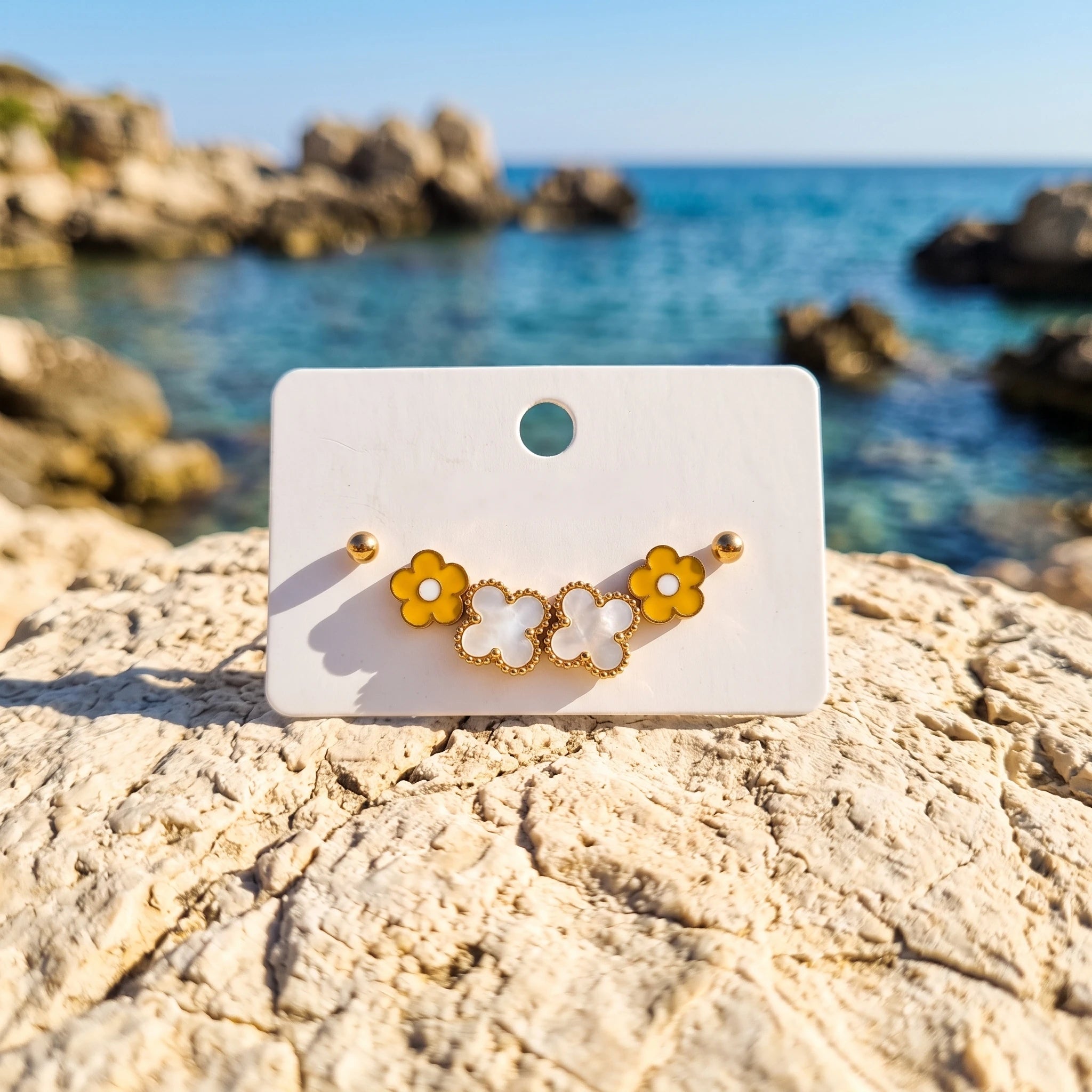 QIAOREN 14506 Stainless Steel Yellow Flower White Quartz Clover Tiny Ball Studs Multi Pack Daily Fashion Jewelry Gift