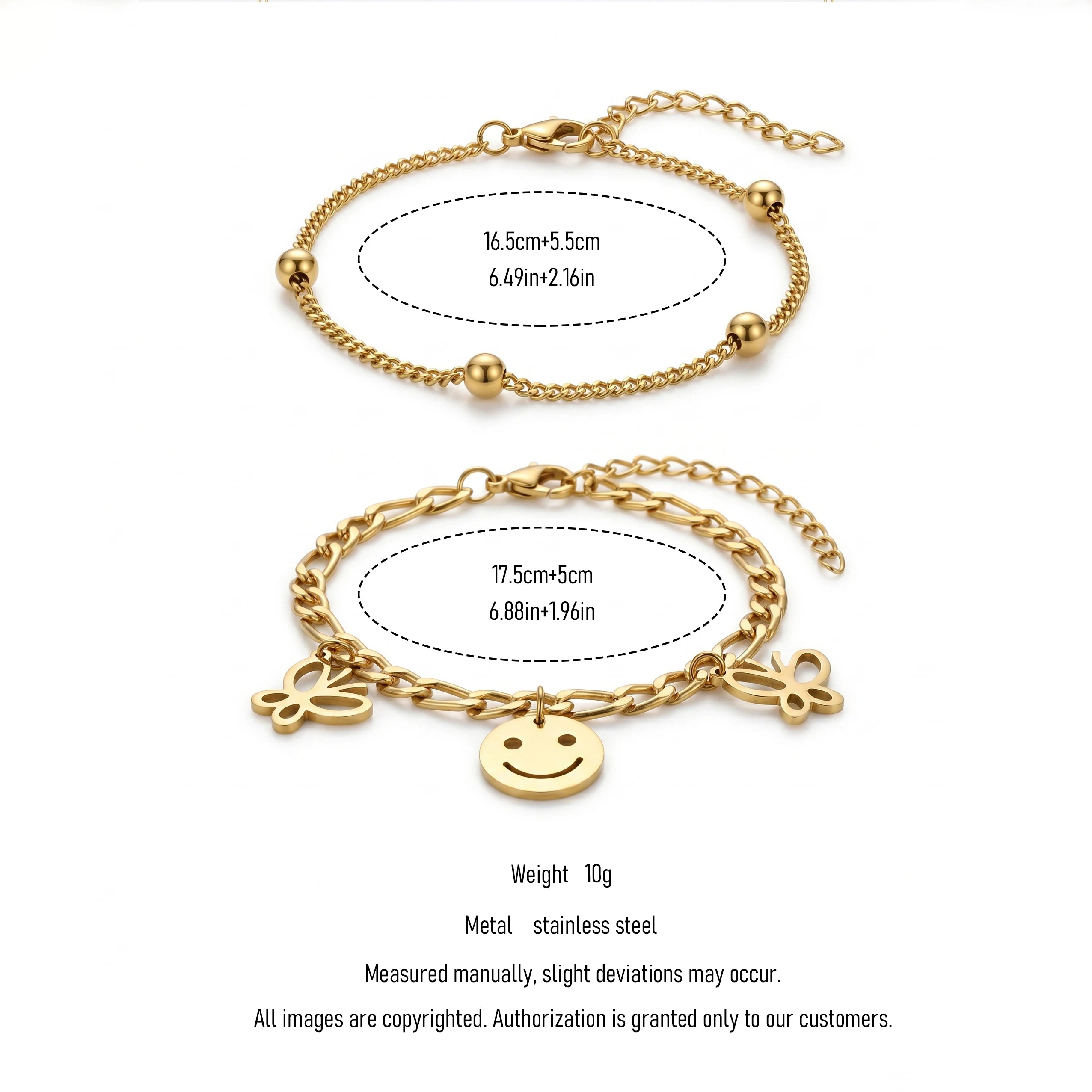 QIAOREN 11936 Trendy 2Pcs Gold Bracelet Set Stainless Steel Smiley Face Butterfly Charm Beaded Chain Bracelet for Women US EU