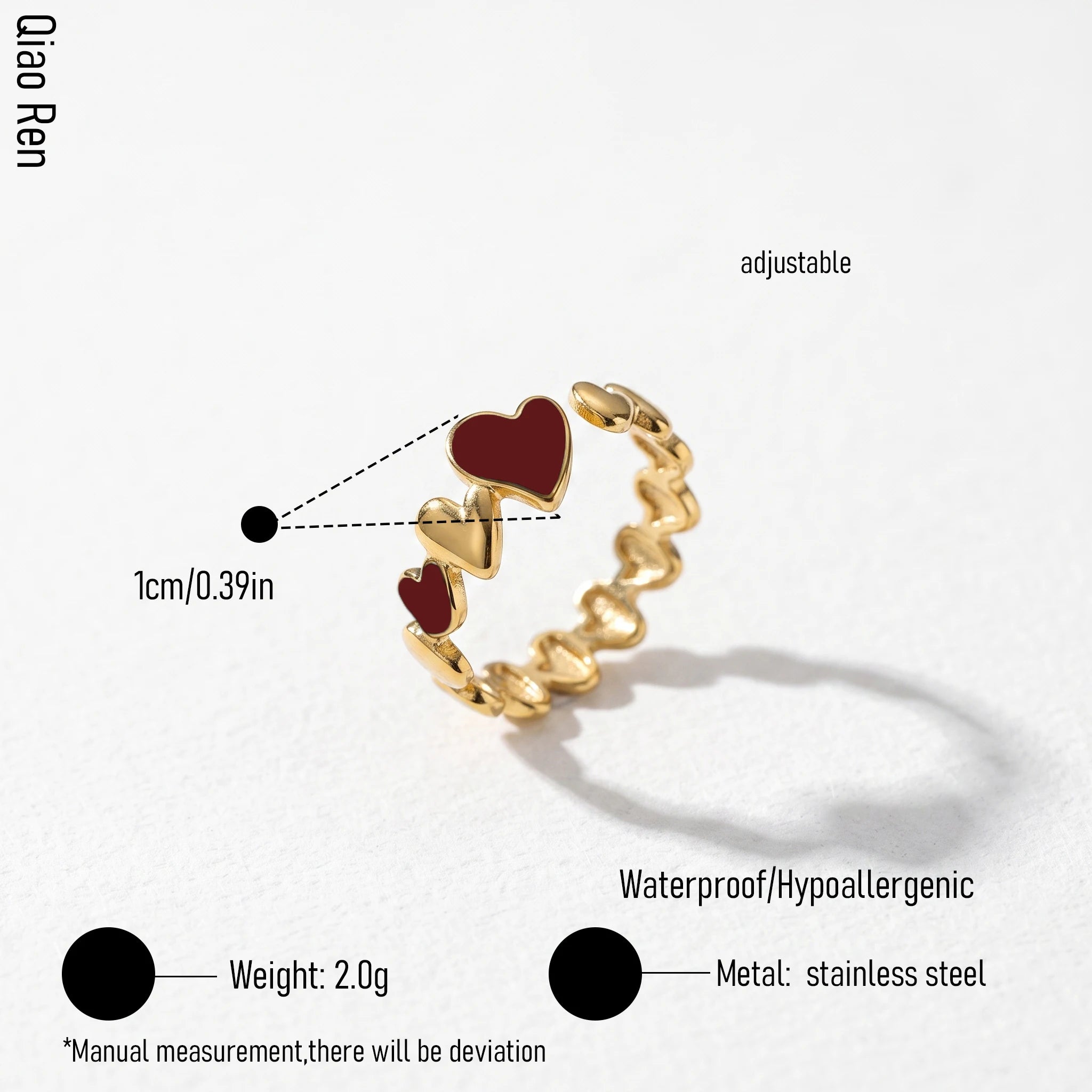 QIAOREN 14180-83 Red Enamel Heart & Sun Open Ring Set, Irregular Love Shape Adjustable Stackable Ring Jewelry Gift