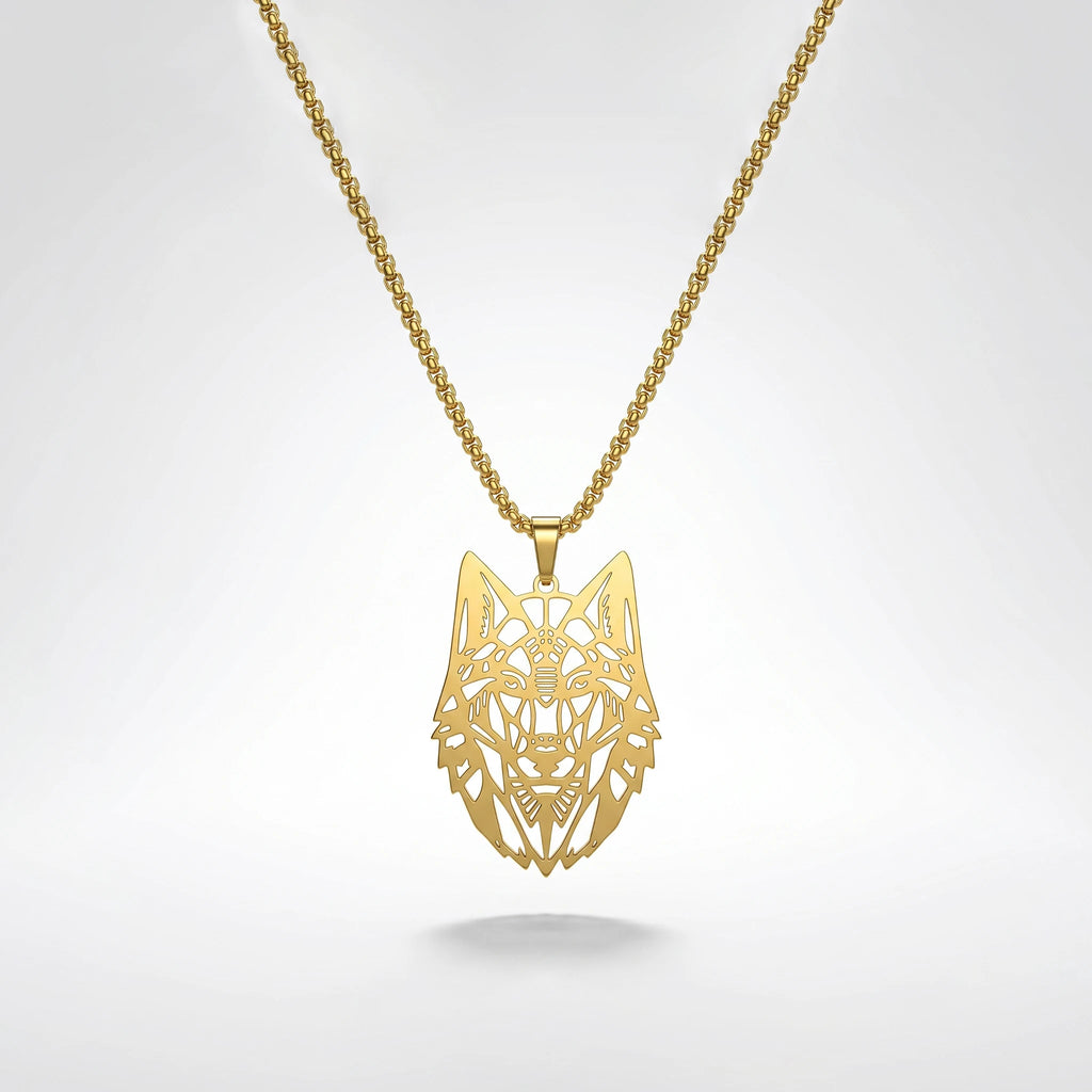 QIAOREN 12045 Gold Plated Stainless Steel Wolf Head Pendant Necklace Cutout Animal Charm Box Chain Punk Jewelry for Men Women
