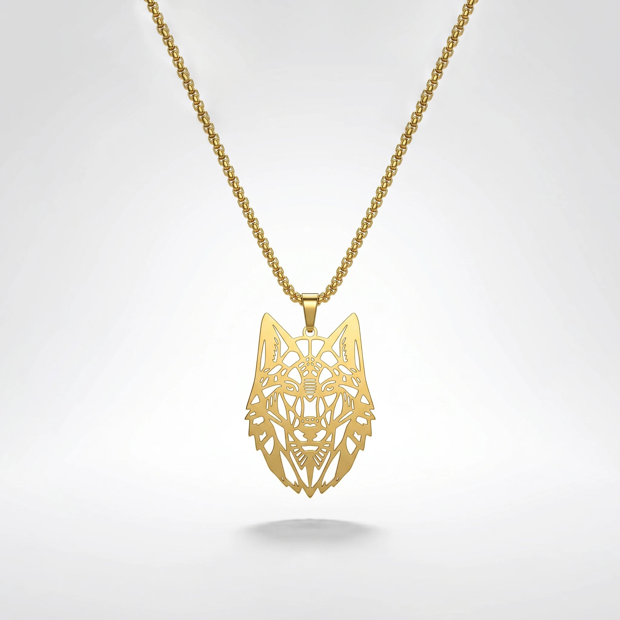 QIAOREN 12045 Gold Plated Stainless Steel Wolf Head Pendant Necklace Cutout Animal Charm Box Chain Punk Jewelry for Men Women