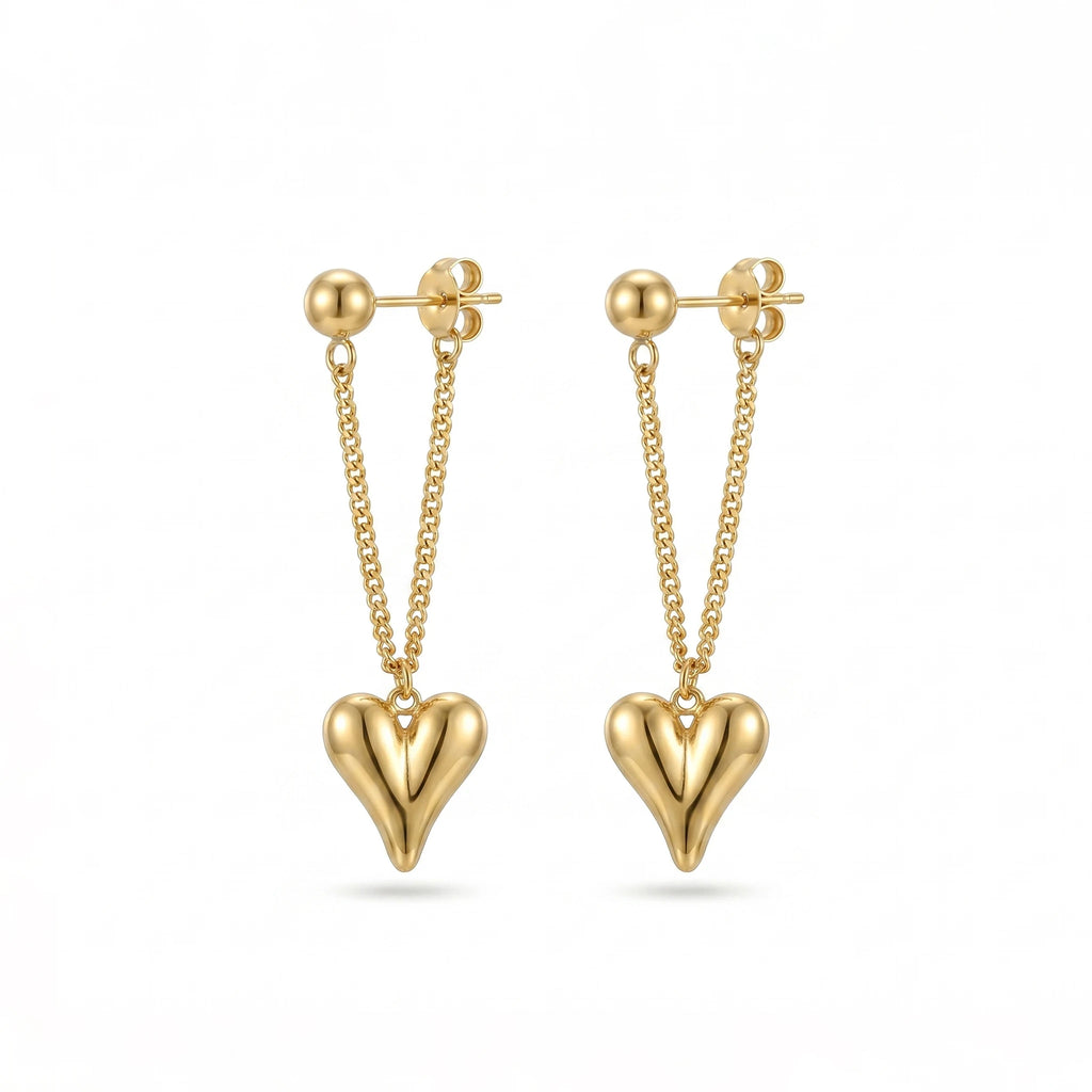 QIAOREN11874 Trendy 3D Puffy Heart Chain Earrings Stainless Steel Gold Ball Stud Bold Love Dangle Jewelry for Women US EU
