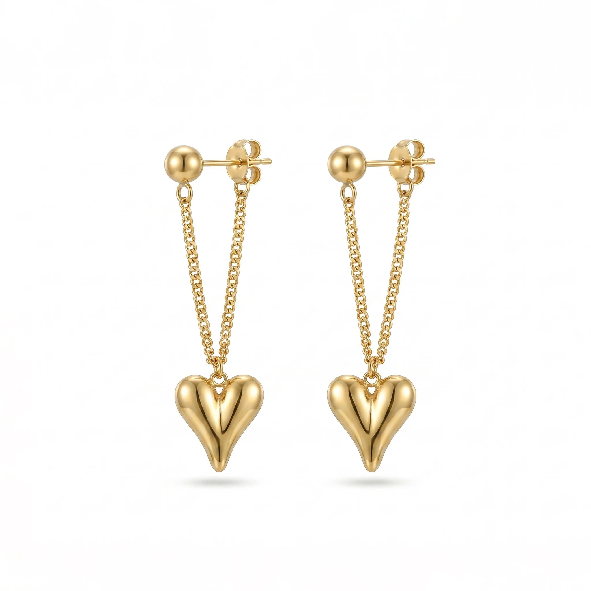 QIAOREN11874 Trendy 3D Puffy Heart Chain Earrings Stainless Steel Gold Ball Stud Bold Love Dangle Jewelry for Women US EU