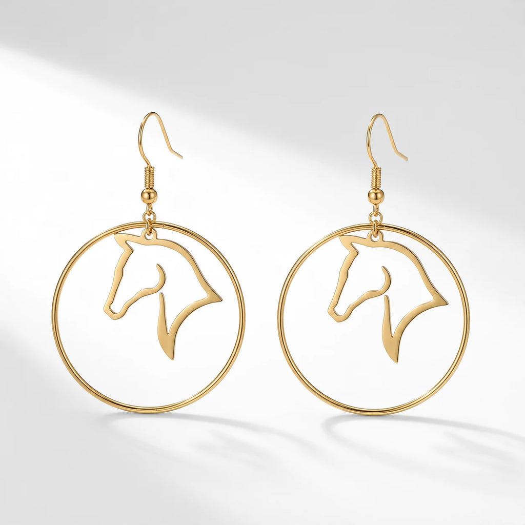 QIAOREN 10847 Hypoallergenic Stainless Steel Horse Head Earrings, Gold Plated Waterproof Drop Hoops for Equestrians