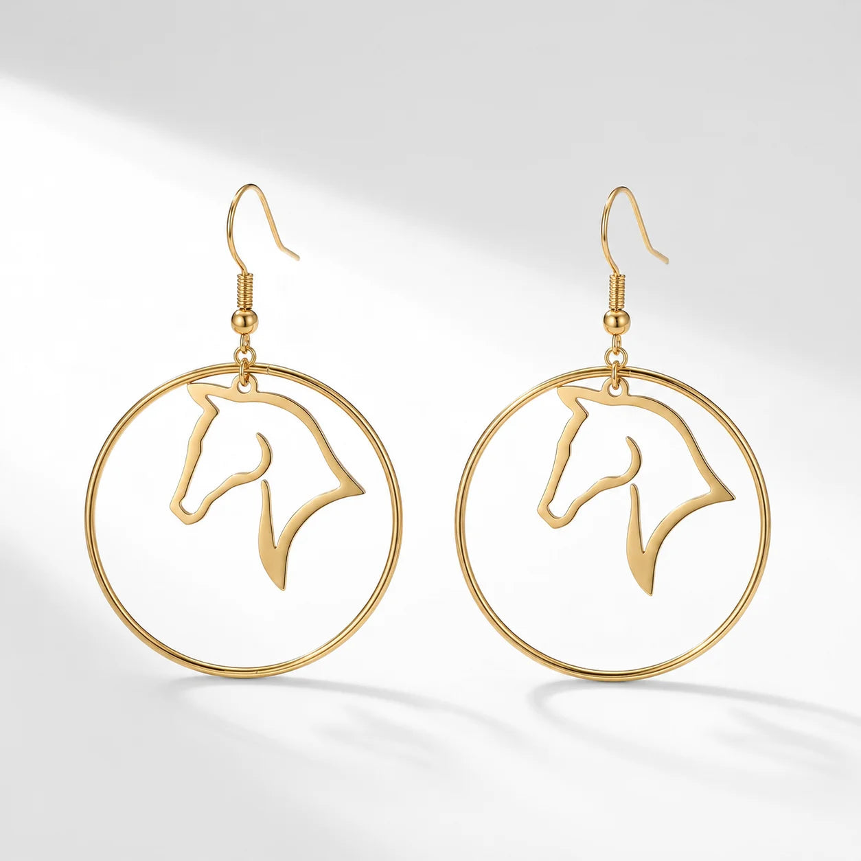 QIAOREN 10847 Hypoallergenic Stainless Steel Horse Head Earrings, Gold Plated Waterproof Drop Hoops for Equestrians
