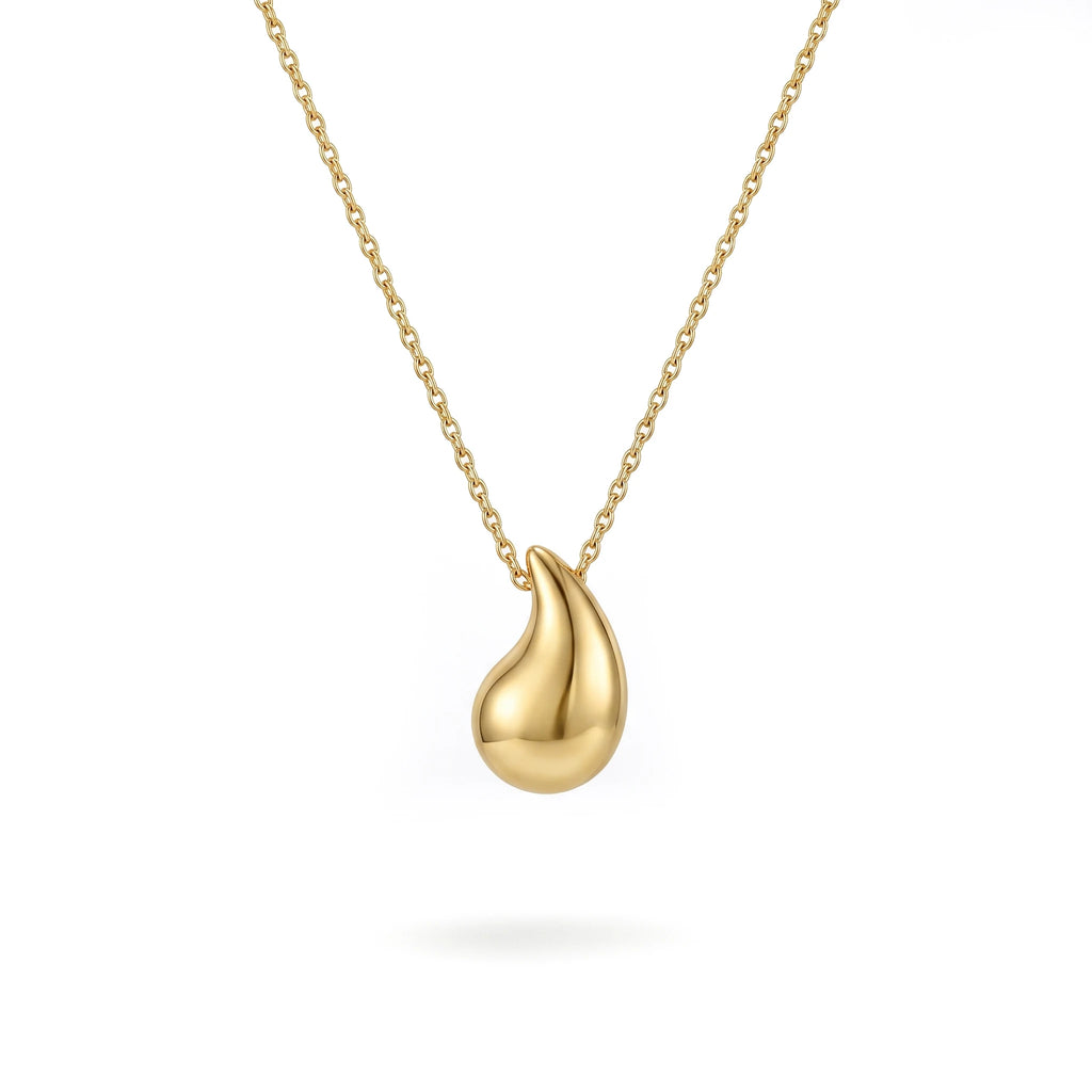QIAOREN 13984 Link Chain Pendant Necklace with Smooth Puffy Teardrop Water Drop Charm, Polished Gold Minimalist Geometric